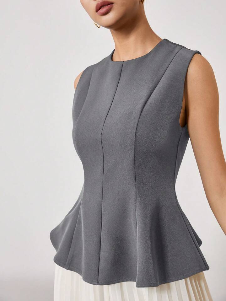 CM-TS122550 Women Elegant Seoul Style Solid Color Crew Neck Sleeveless Pleated Slim Fit T-Shirt - Dark Gray