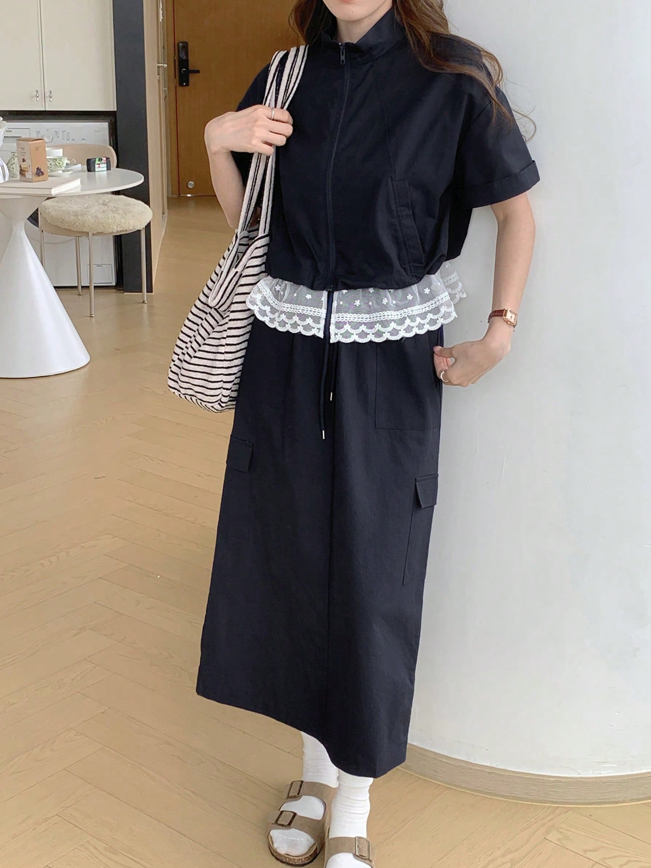 CM-SS818317 Women Casual Seoul Style Lace Patchwork Stand Collar Short Sleeve Jacket With Midi Skirt - Set