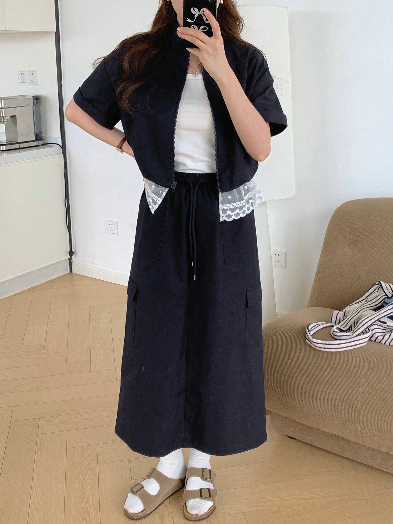 CM-SS818317 Women Casual Seoul Style Lace Patchwork Stand Collar Short Sleeve Jacket With Midi Skirt - Set