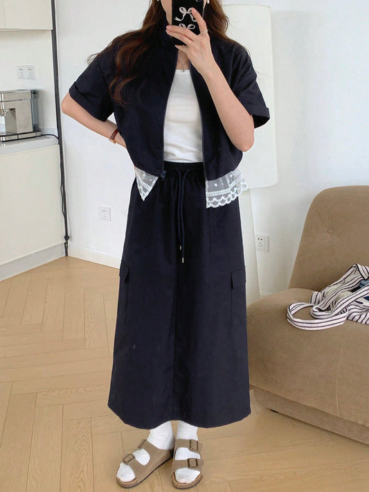CM-SS818317 Women Casual Seoul Style Lace Patchwork Stand Collar Short Sleeve Jacket With Midi Skirt - Set