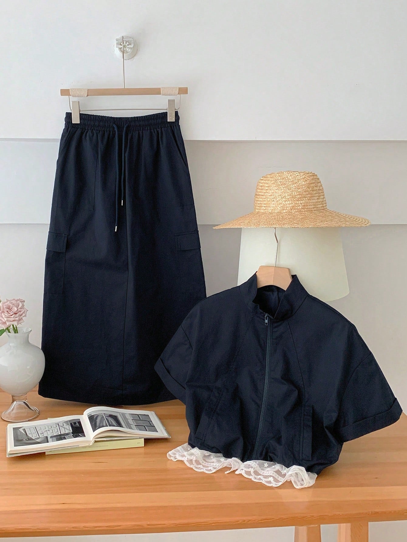 CM-SS818317 Women Casual Seoul Style Lace Patchwork Stand Collar Short Sleeve Jacket With Midi Skirt - Set