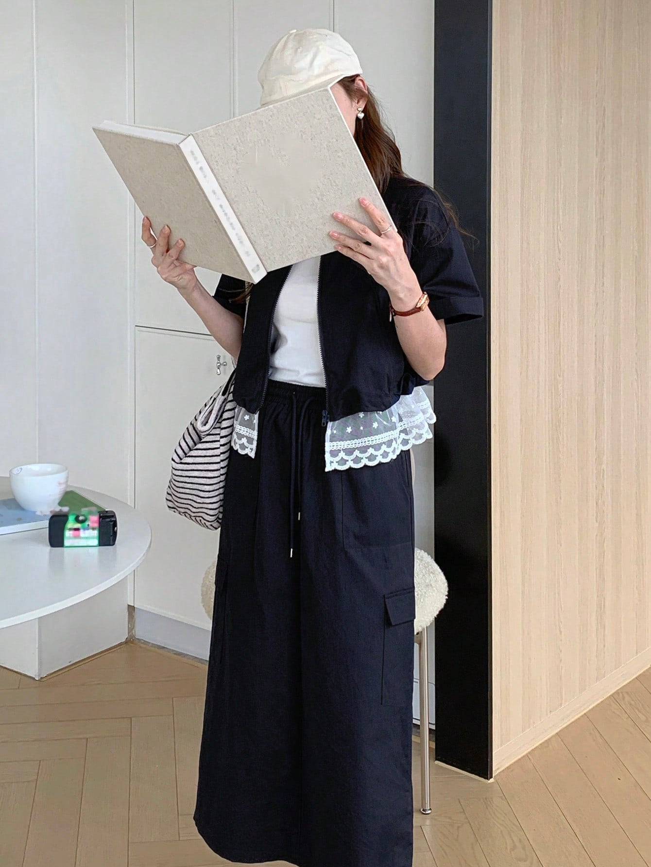 CM-SS818317 Women Casual Seoul Style Lace Patchwork Stand Collar Short Sleeve Jacket With Midi Skirt - Set