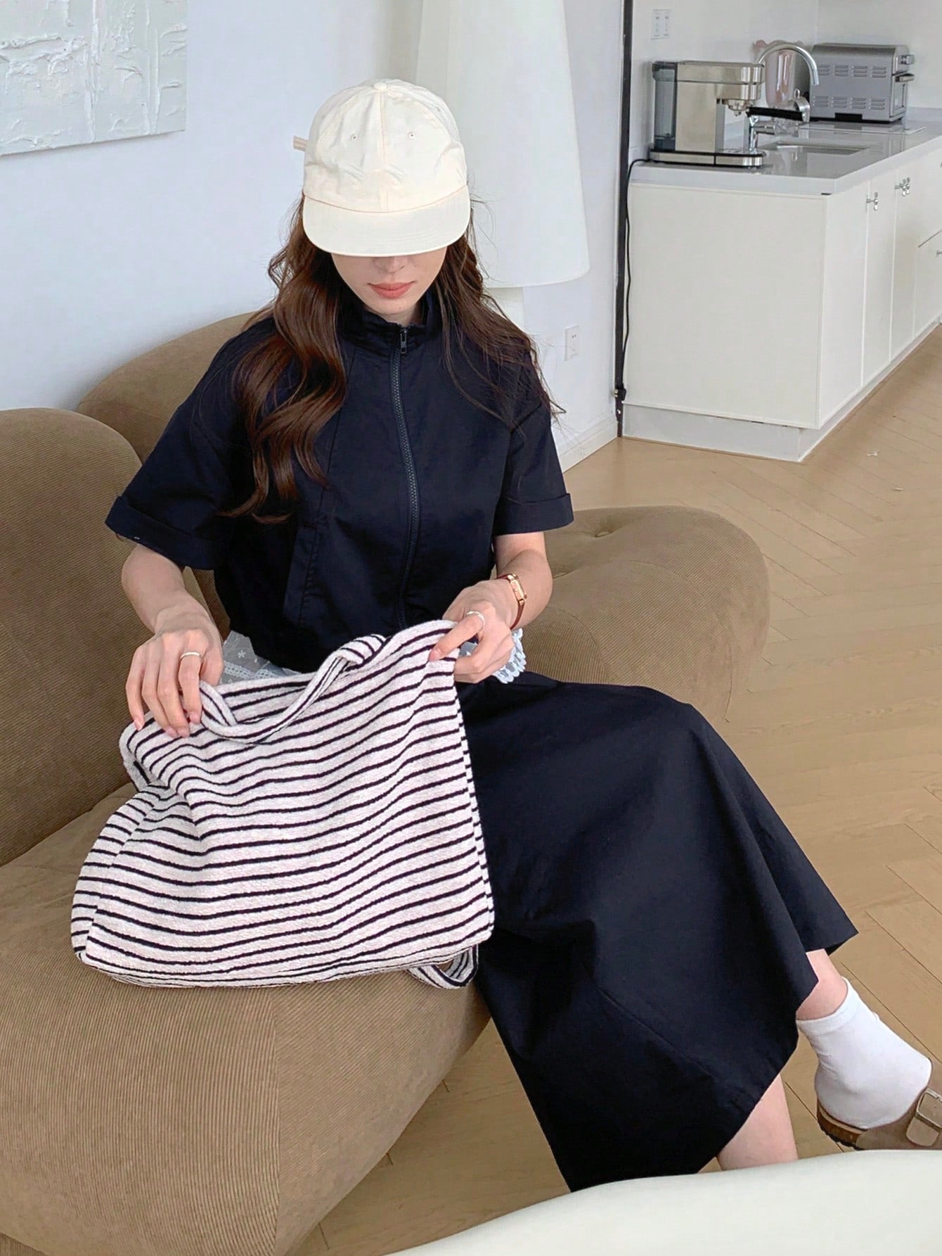 CM-SS818317 Women Casual Seoul Style Lace Patchwork Stand Collar Short Sleeve Jacket With Midi Skirt - Set