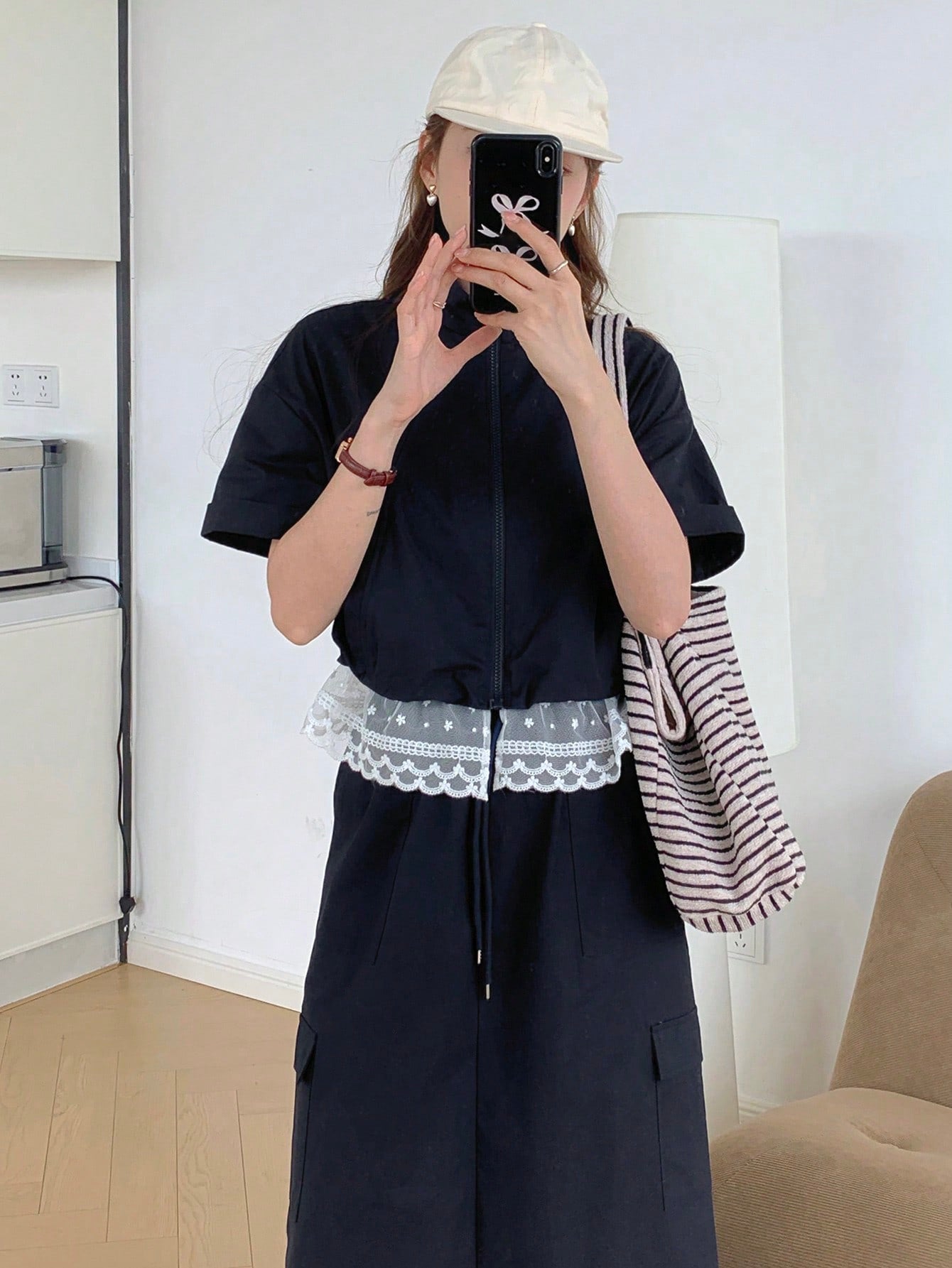 CM-SS818317 Women Casual Seoul Style Lace Patchwork Stand Collar Short Sleeve Jacket With Midi Skirt - Set