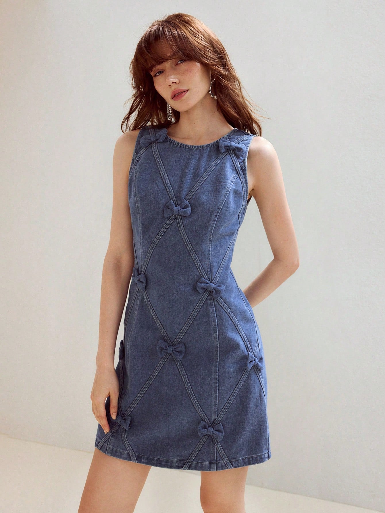 CM-DS022143 Women Elegant Seoul Style Bow Decor Round Neck Sleeveless Zipper Back Tank Denim Dress - Blue