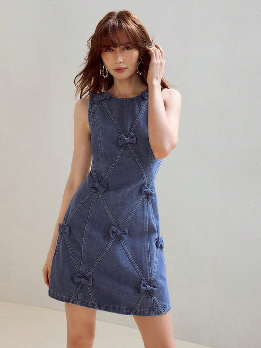 CM-DS022143 Women Elegant Seoul Style Bow Decor Round Neck Sleeveless Zipper Back Tank Denim Dress - Blue