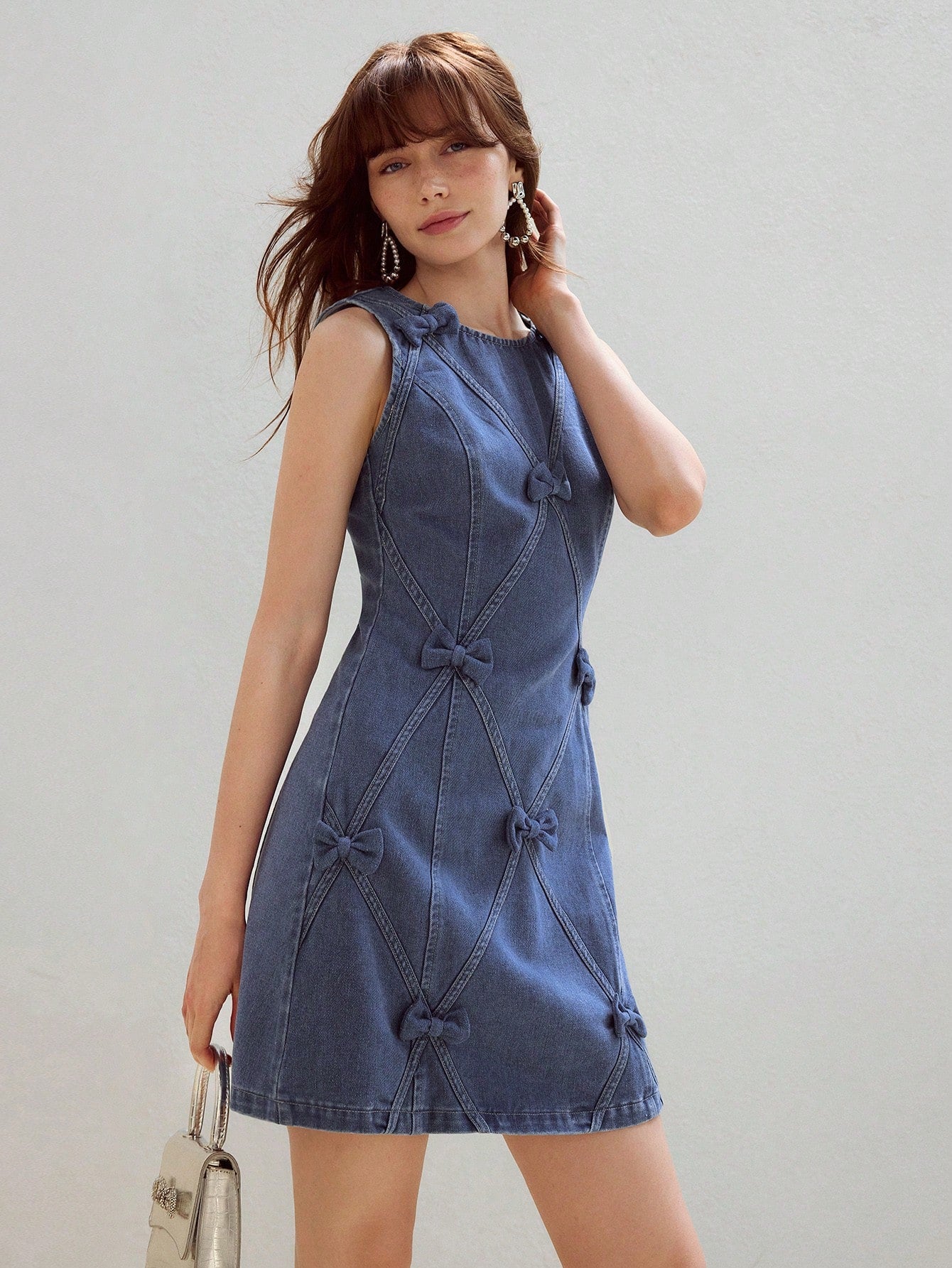 CM-DS022143 Women Elegant Seoul Style Bow Decor Round Neck Sleeveless Zipper Back Tank Denim Dress - Blue