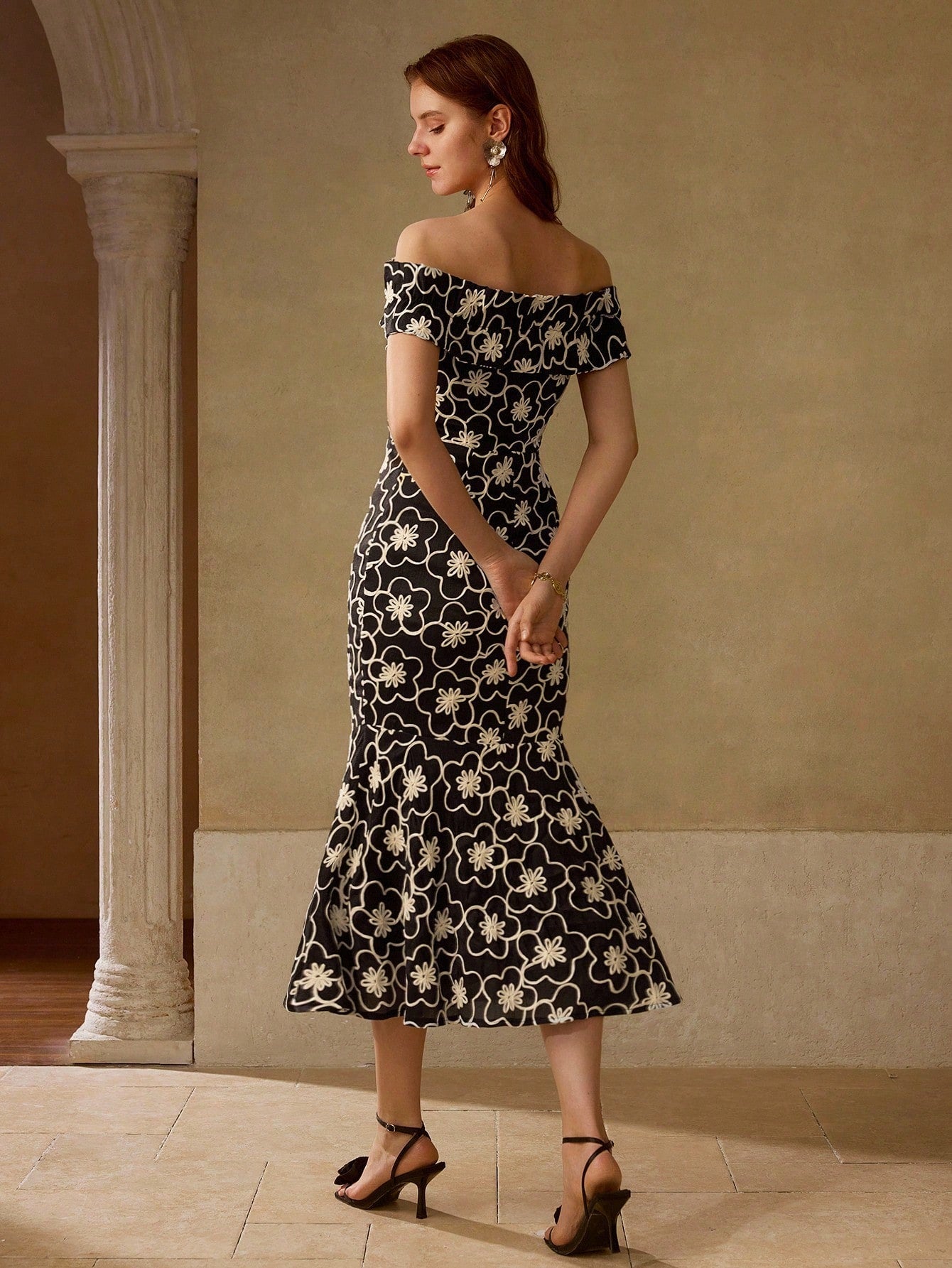 CM-DS003344 Women Elegant Seoul Style Embroidered Off Shoulder Fishtail Slim Fit Mid-Length Dress