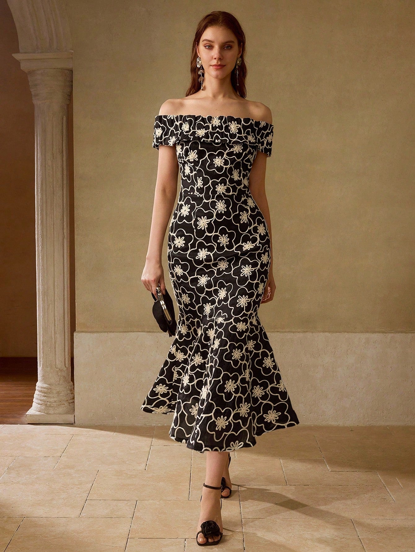 CM-DS003344 Women Elegant Seoul Style Embroidered Off Shoulder Fishtail Slim Fit Mid-Length Dress
