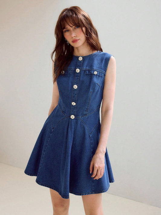 CM-DS473723 Women Elegant Seoul Style Round Neck Pearl Decor Waist Cinched Sleeveless Denim Dress - Blue