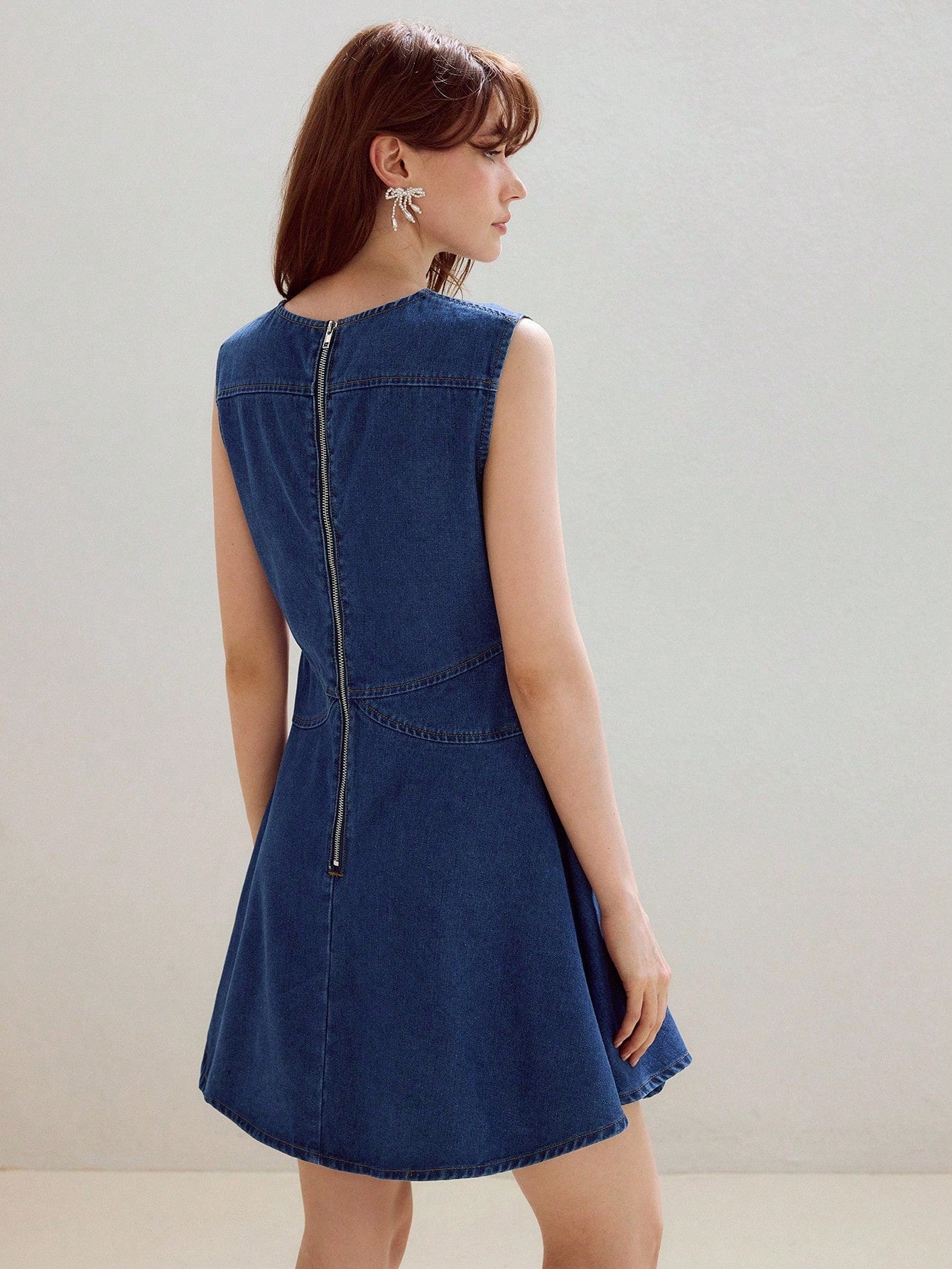 CM-DS473723 Women Elegant Seoul Style Round Neck Pearl Decor Waist Cinched Sleeveless Denim Dress - Blue