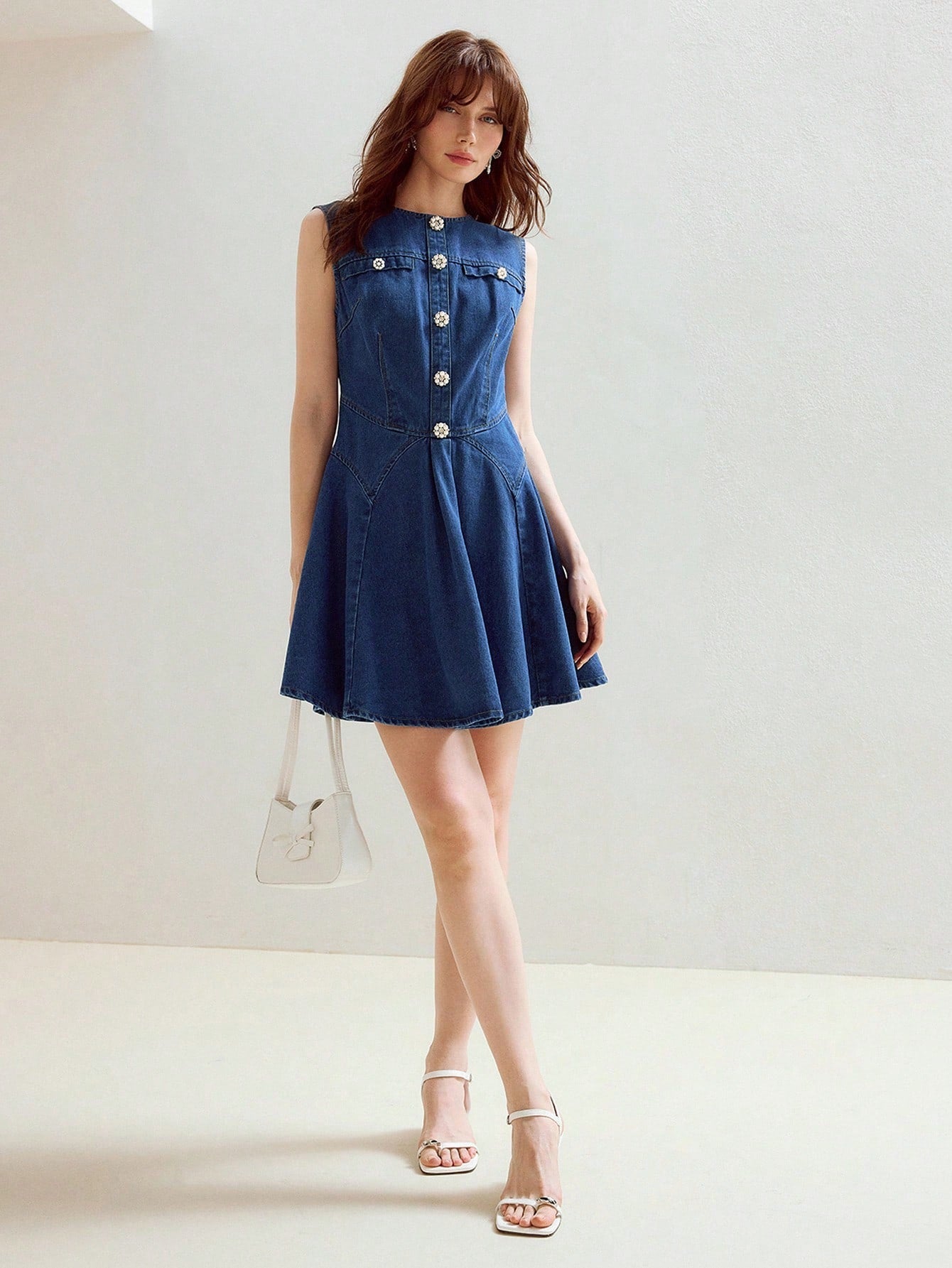 CM-DS473723 Women Elegant Seoul Style Round Neck Pearl Decor Waist Cinched Sleeveless Denim Dress - Blue