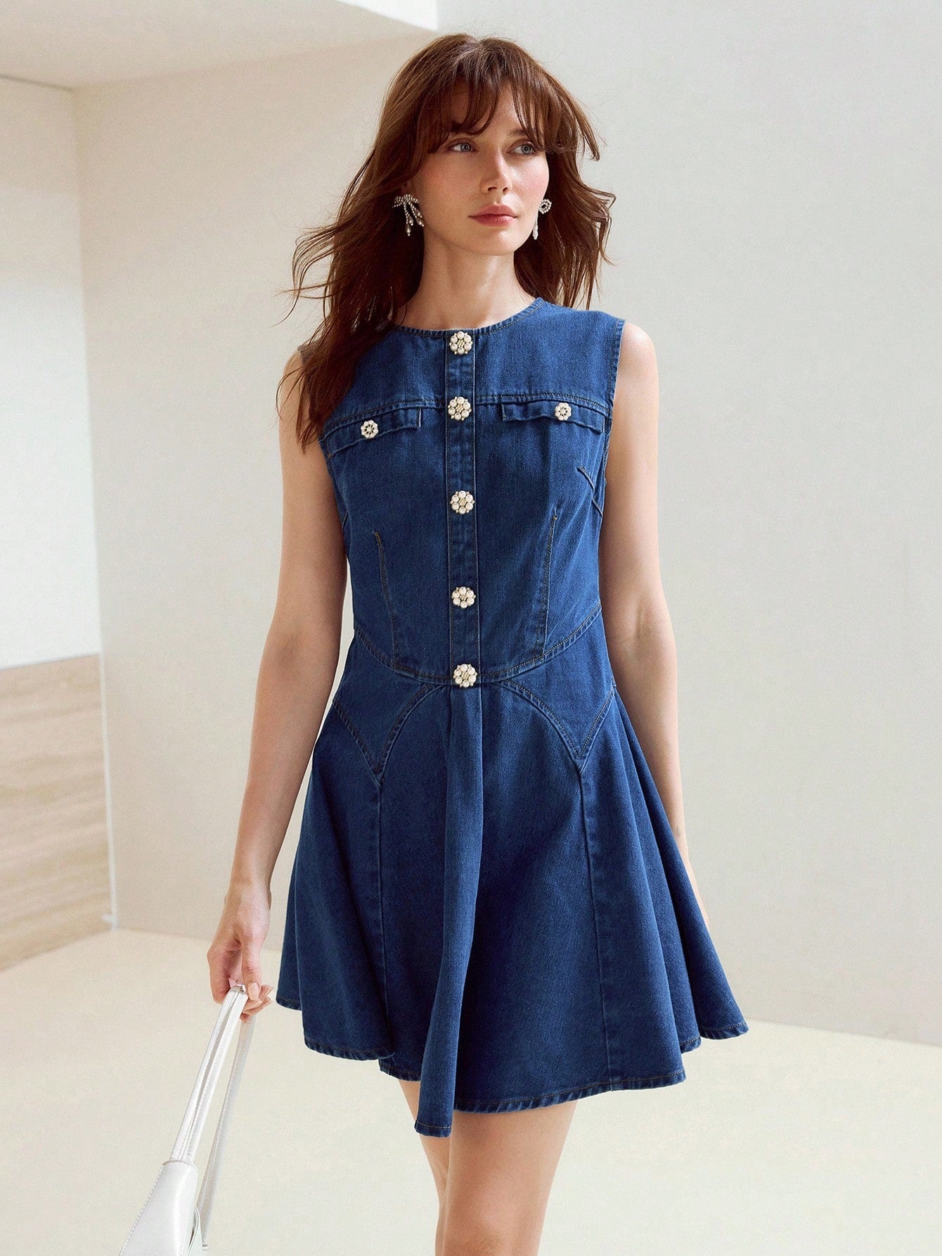 CM-DS473723 Women Elegant Seoul Style Round Neck Pearl Decor Waist Cinched Sleeveless Denim Dress - Blue
