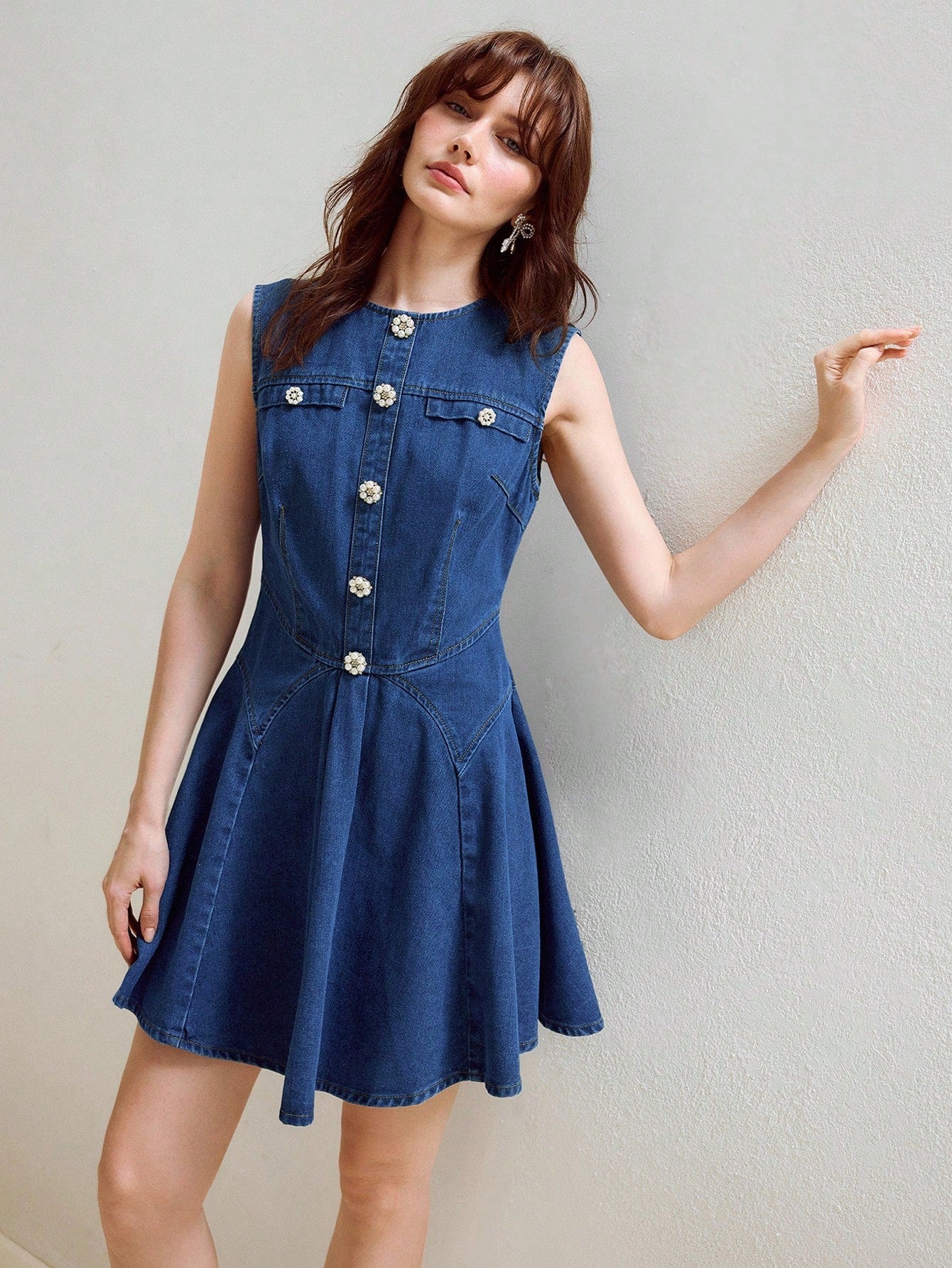 CM-DS473723 Women Elegant Seoul Style Round Neck Pearl Decor Waist Cinched Sleeveless Denim Dress - Blue