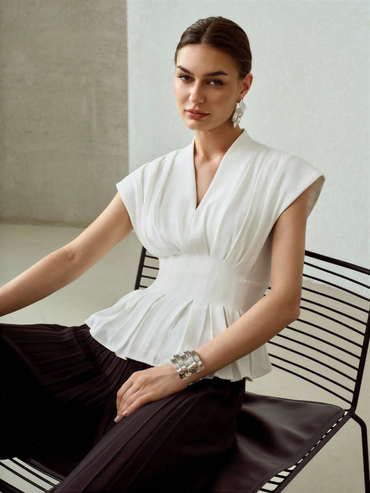 CM-TS791920 Women Elegant Seoul Style V-Neck Fold Pleated Batwing Sleeve Peplum Top - Beige