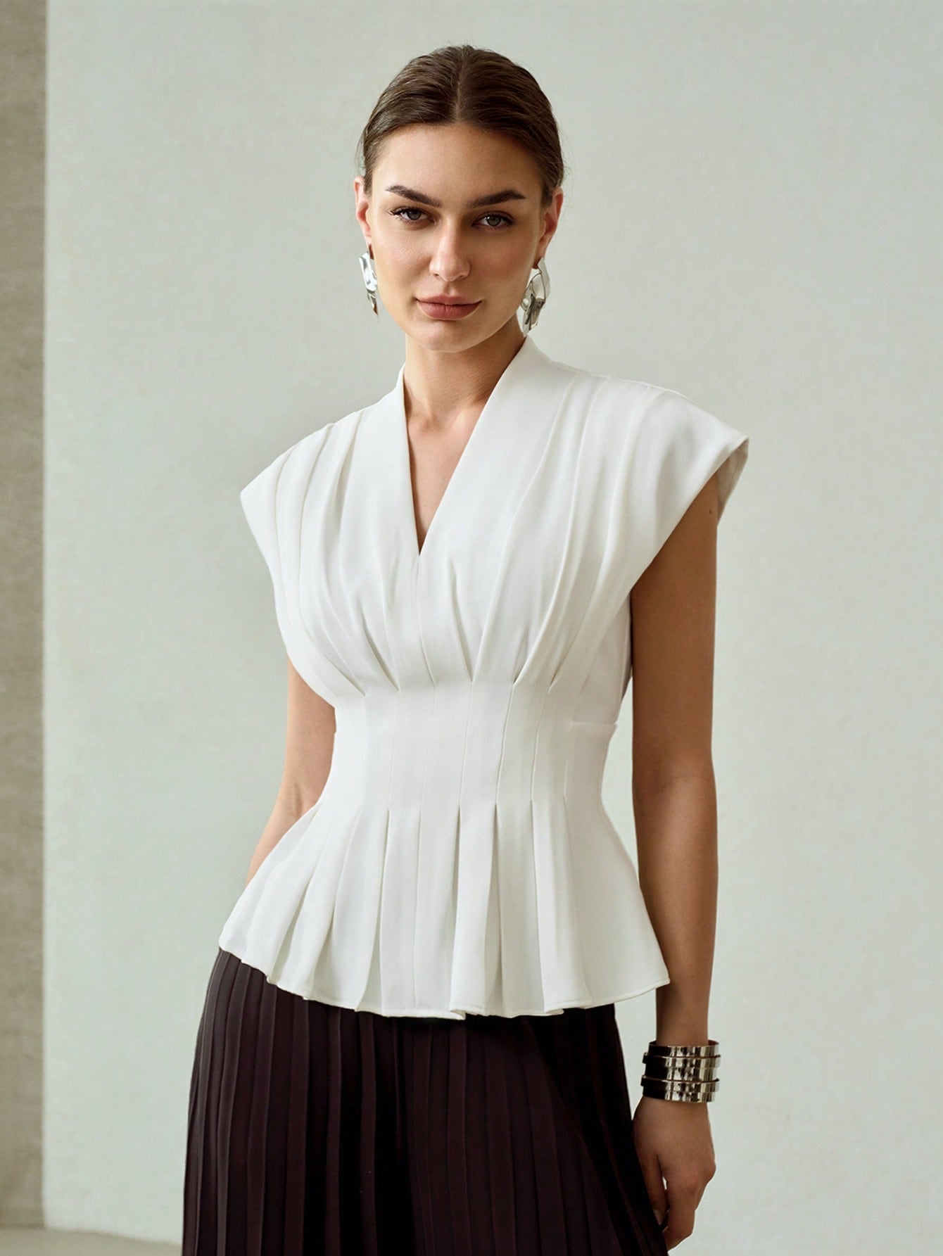 CM-TS791920 Women Elegant Seoul Style V-Neck Fold Pleated Batwing Sleeve Peplum Top - Beige