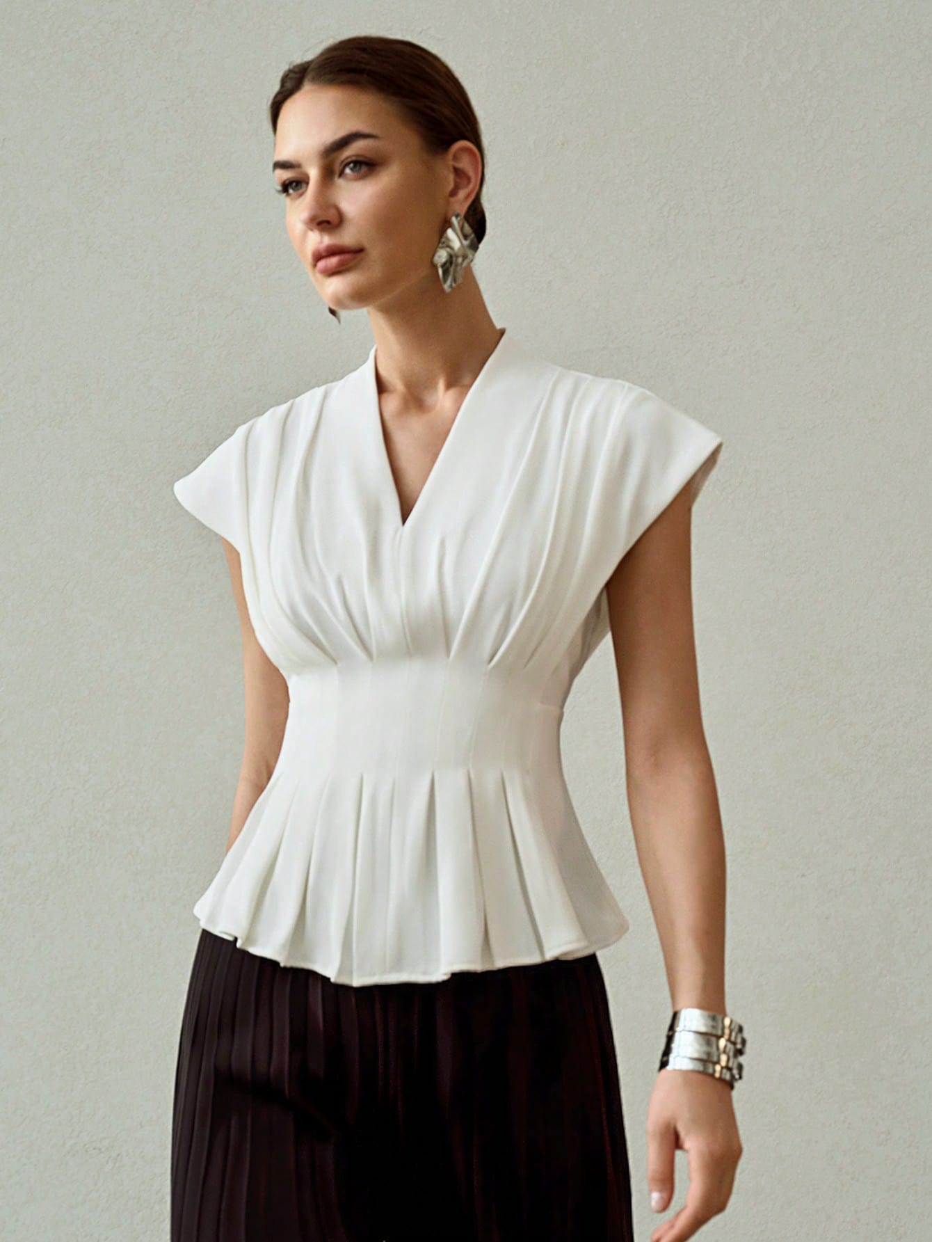 CM-TS791920 Women Elegant Seoul Style V-Neck Fold Pleated Batwing Sleeve Peplum Top - Beige