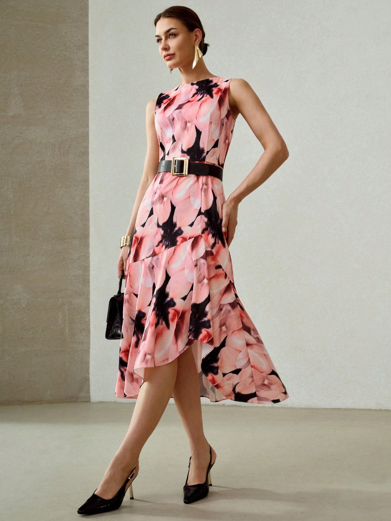CM-DS000480 Women Elegant Seoul Style All Over Floral Print Sleeveless Asymmetrical Ruffle Hem Midi Dress