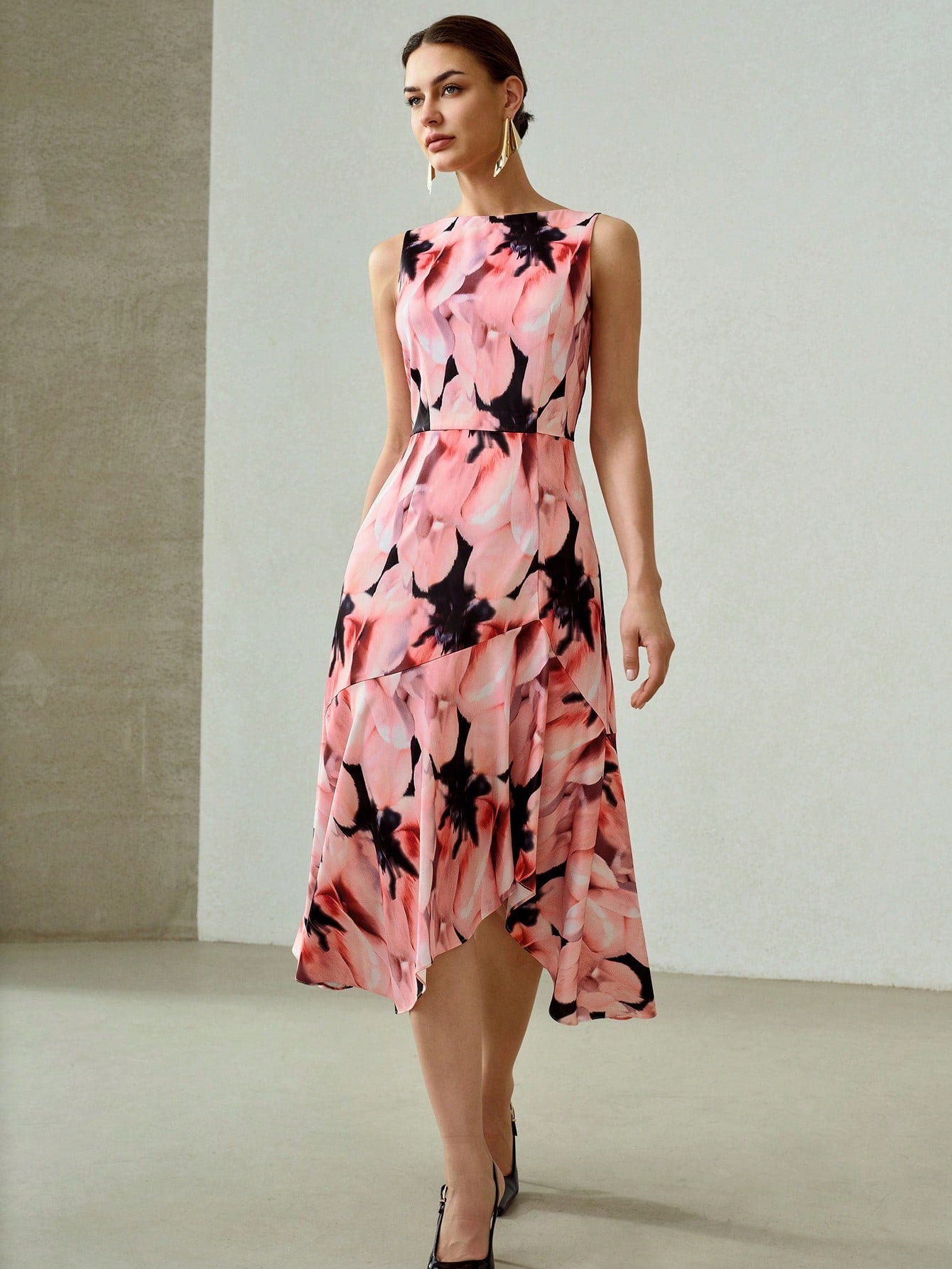 CM-DS000480 Women Elegant Seoul Style All Over Floral Print Sleeveless Asymmetrical Ruffle Hem Midi Dress