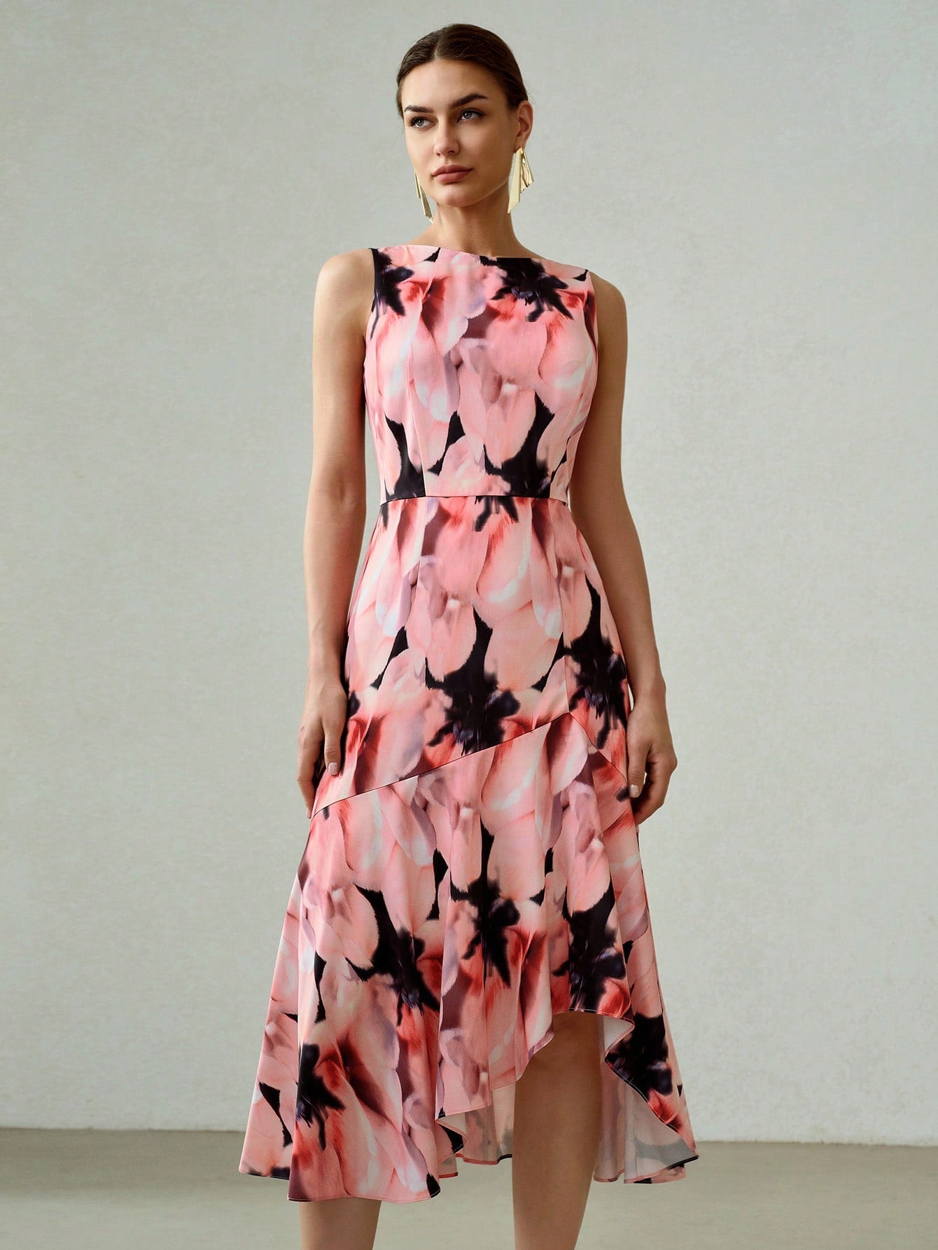 CM-DS000480 Women Elegant Seoul Style All Over Floral Print Sleeveless Asymmetrical Ruffle Hem Midi Dress
