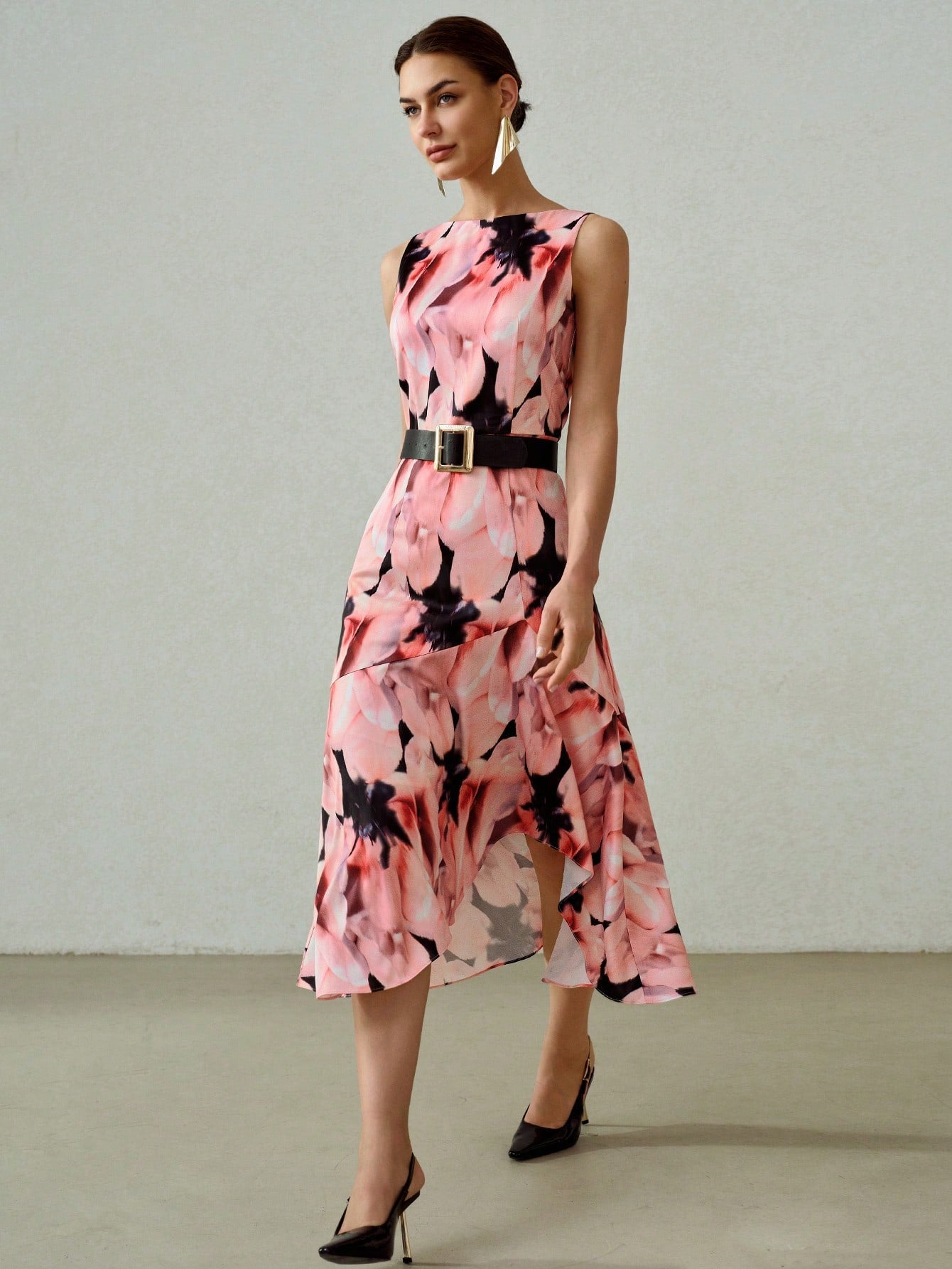 CM-DS000480 Women Elegant Seoul Style All Over Floral Print Sleeveless Asymmetrical Ruffle Hem Midi Dress