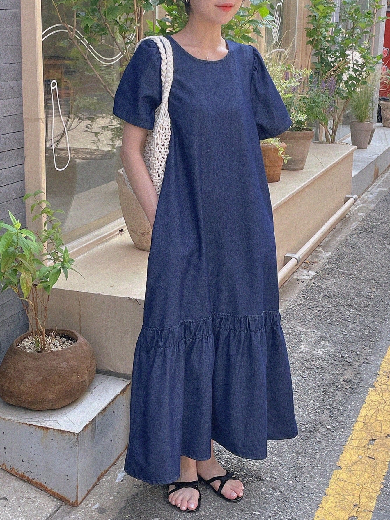 CM-DS310214 Women Casual Seoul Style Round Neck Short Sleeve Loose Midi Denim Dress - Blue