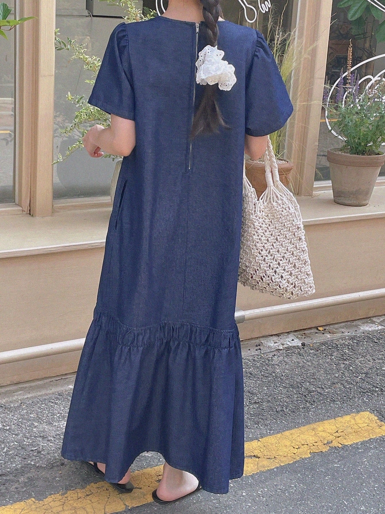 CM-DS310214 Women Casual Seoul Style Round Neck Short Sleeve Loose Midi Denim Dress - Blue