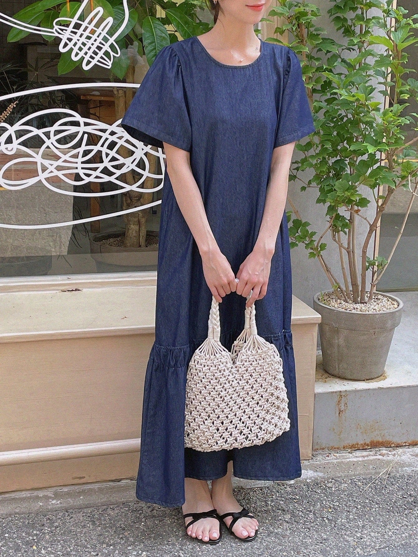 CM-DS310214 Women Casual Seoul Style Round Neck Short Sleeve Loose Midi Denim Dress - Blue