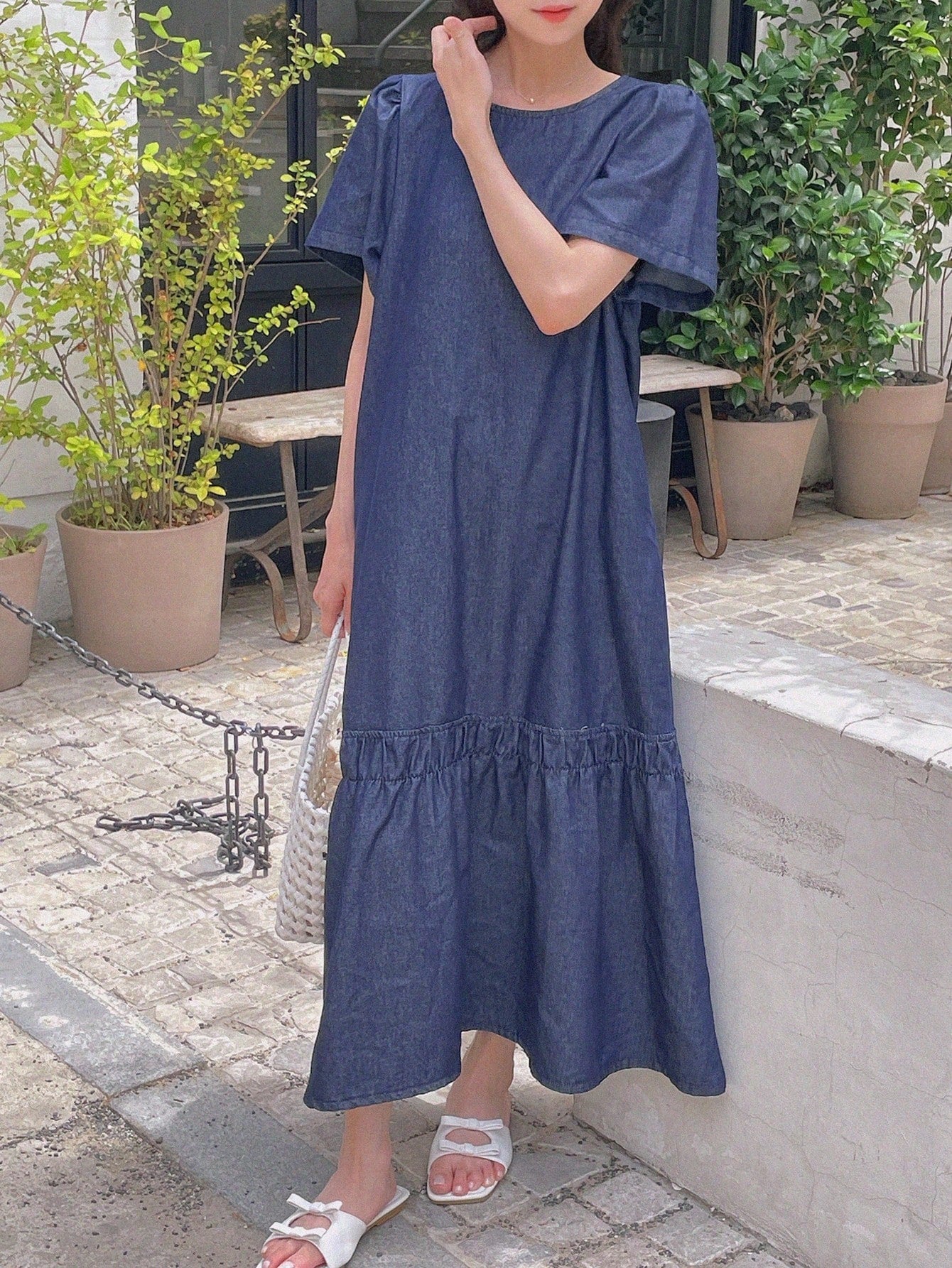 CM-DS310214 Women Casual Seoul Style Round Neck Short Sleeve Loose Midi Denim Dress - Blue