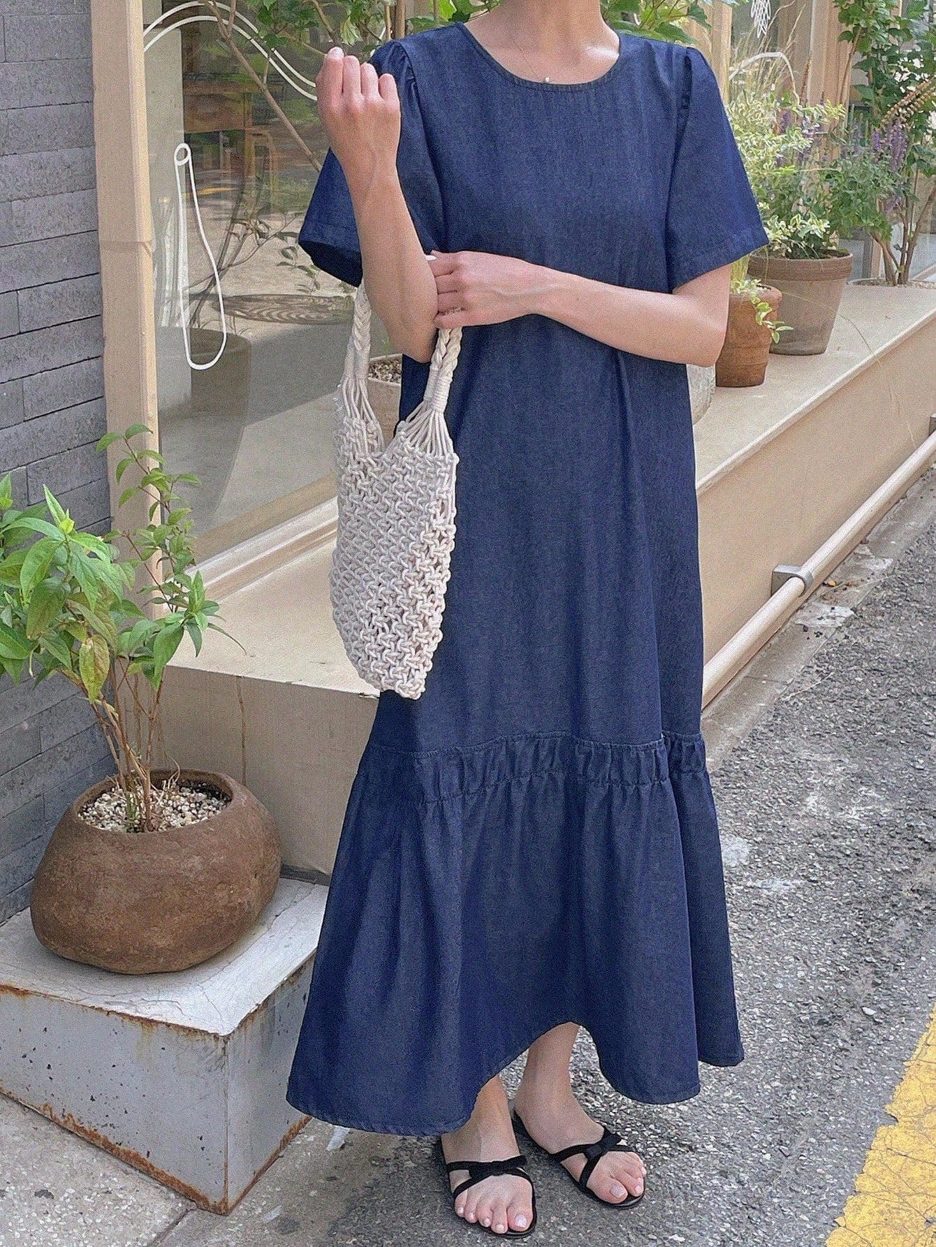 CM-DS310214 Women Casual Seoul Style Round Neck Short Sleeve Loose Midi Denim Dress - Blue