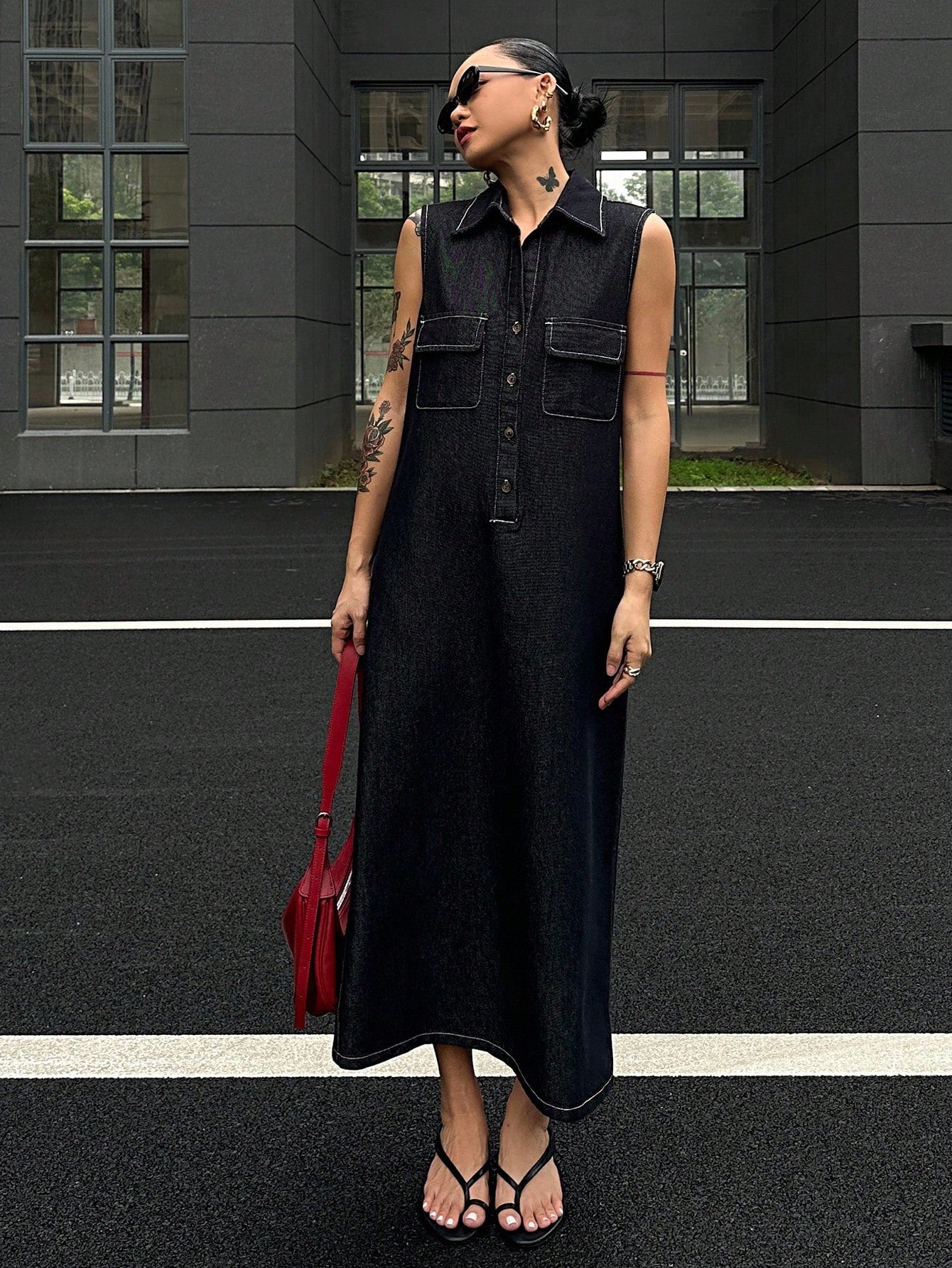 CM-DS255056 Women Casual Seoul Style Dark Wash Cargo Pocket Button Half Placket Sleeveless Denim Dress