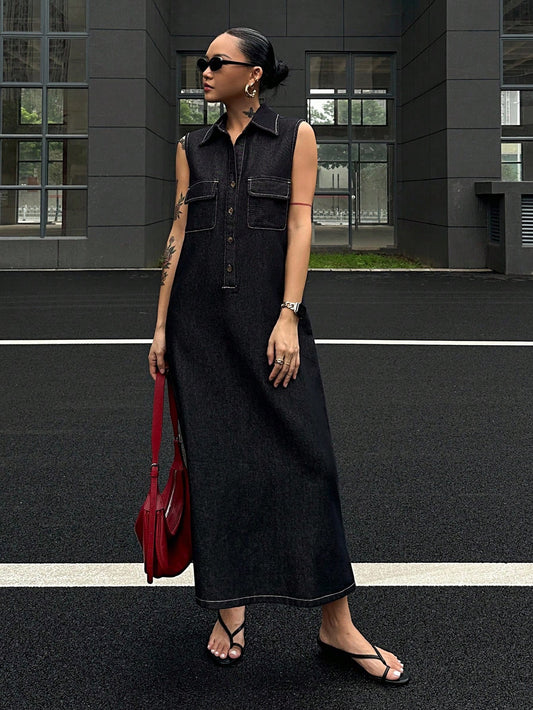 CM-DS255056 Women Casual Seoul Style Dark Wash Cargo Pocket Button Half Placket Sleeveless Denim Dress