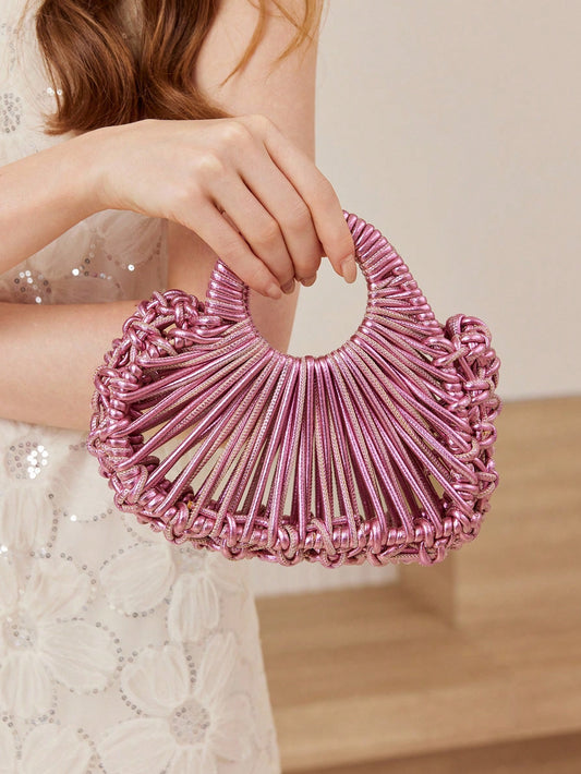 CM-BGS268543 Women Trendy Seoul Style Eyelets Textured Pattern Evening Bag - Hot Pink