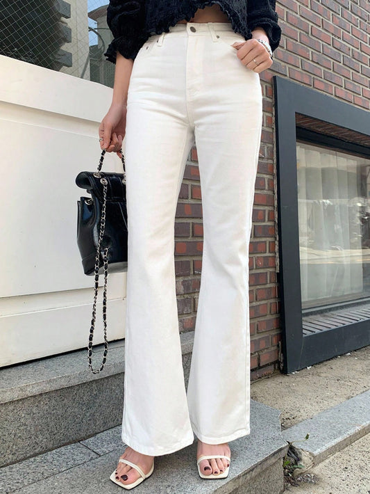 CM-BS543994 Women Casual Seoul Style Stretch Elastic Flare Bottom Back Slit Fitted Jeans Pants - White
