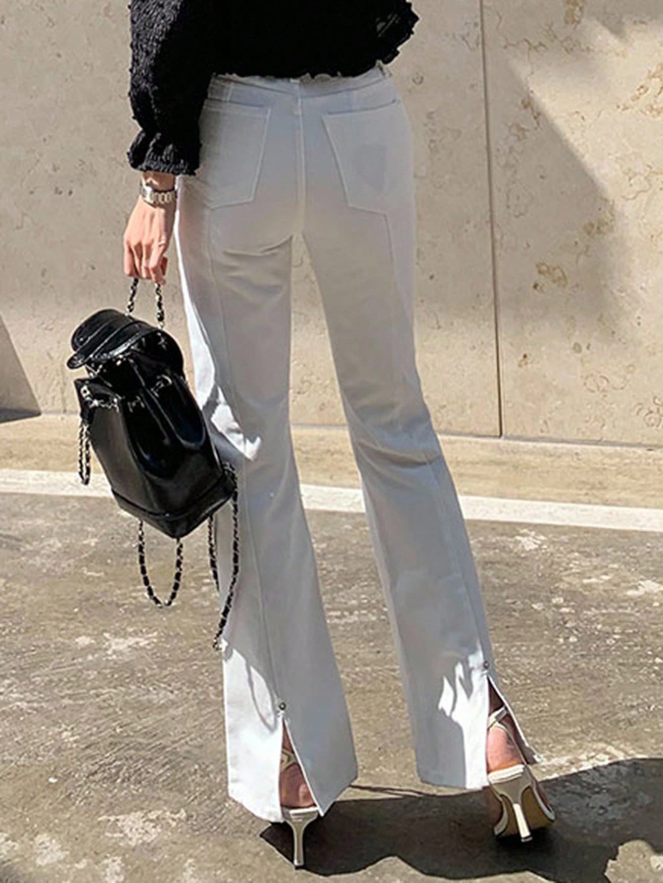 CM-BS543994 Women Casual Seoul Style Stretch Elastic Flare Bottom Back Slit Fitted Jeans Pants - White
