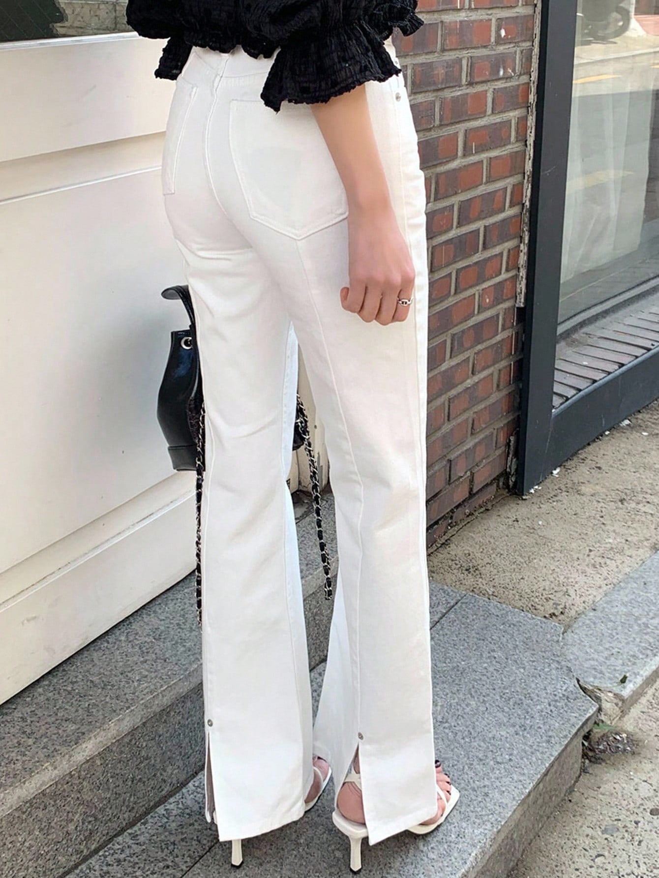 CM-BS543994 Women Casual Seoul Style Stretch Elastic Flare Bottom Back Slit Fitted Jeans Pants - White