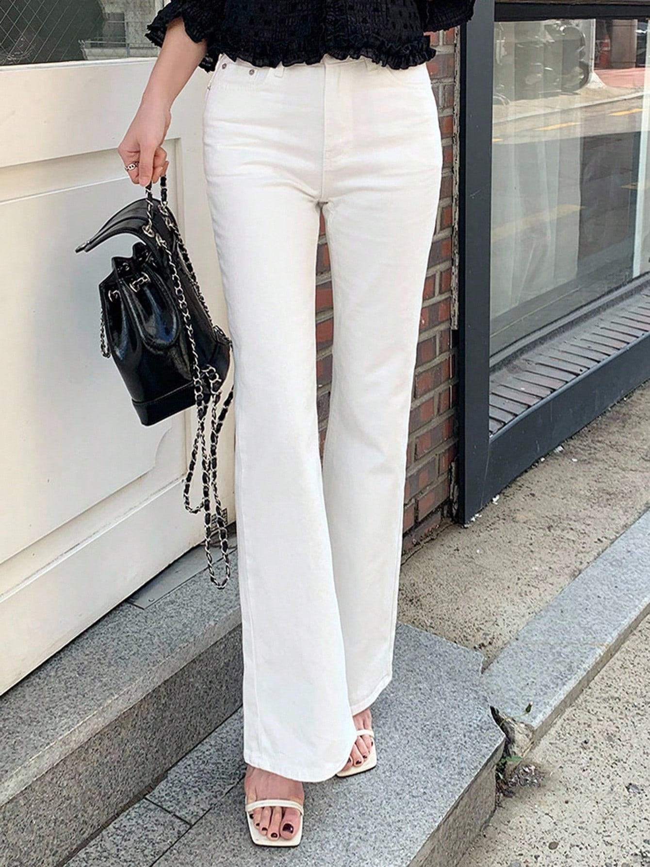 CM-BS543994 Women Casual Seoul Style Stretch Elastic Flare Bottom Back Slit Fitted Jeans Pants - White