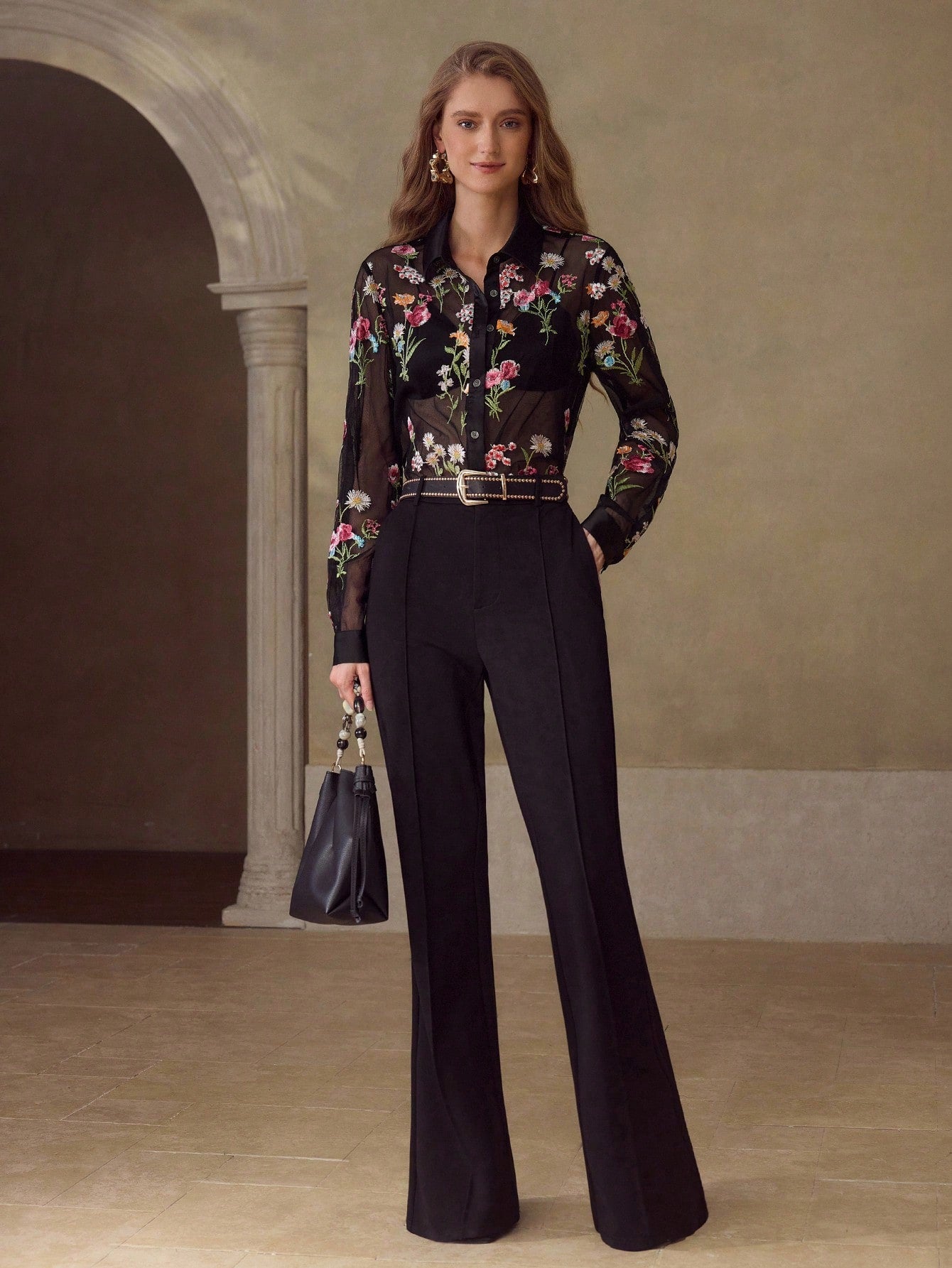 CM-TS715234 Women Elegant Seoul Style Collar Neckline Long Sleeve Embroidery Mesh Floral Pattern Sheer Blouse - Black