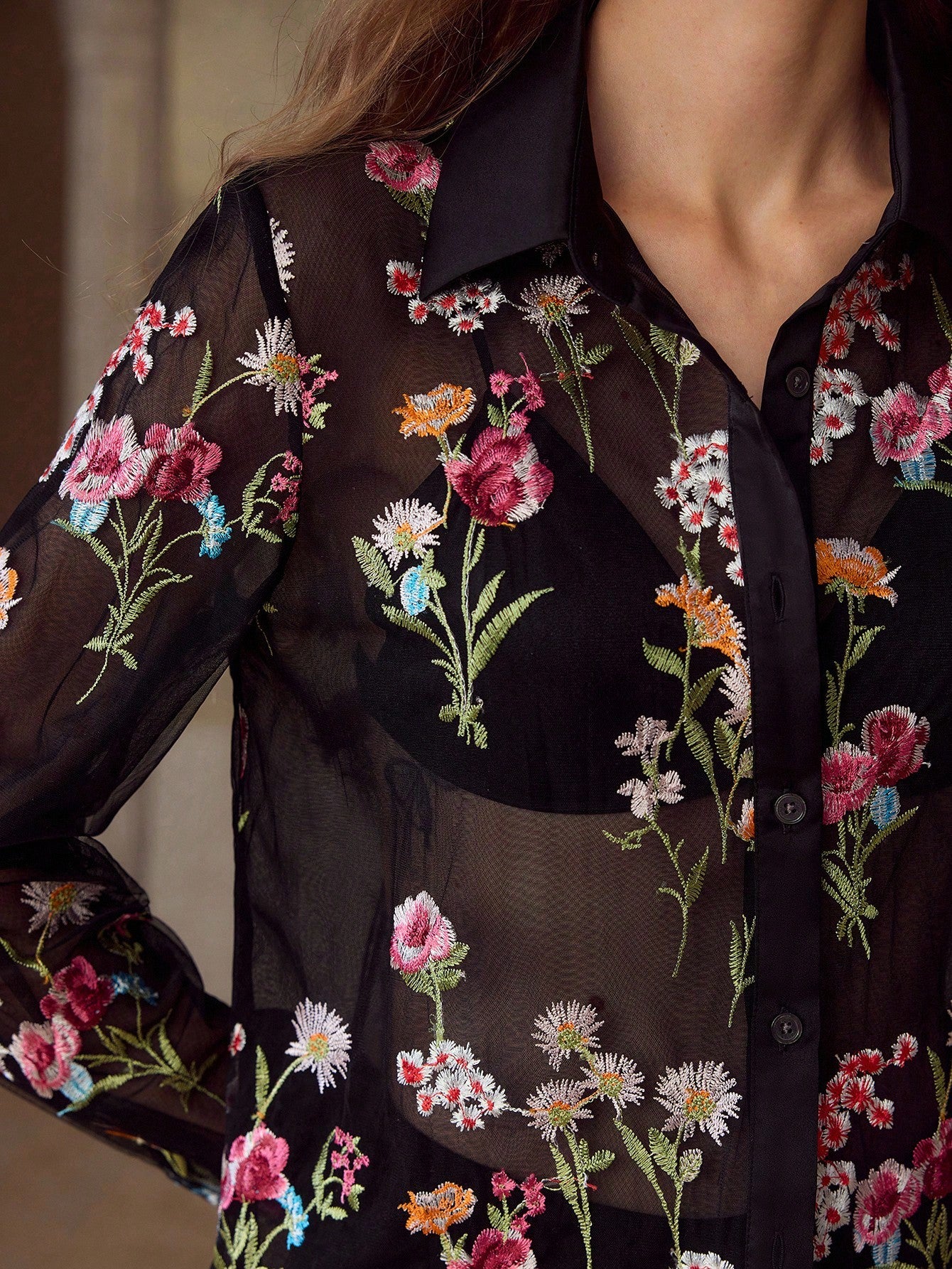 CM-TS715234 Women Elegant Seoul Style Collar Neckline Long Sleeve Embroidery Mesh Floral Pattern Sheer Blouse - Black