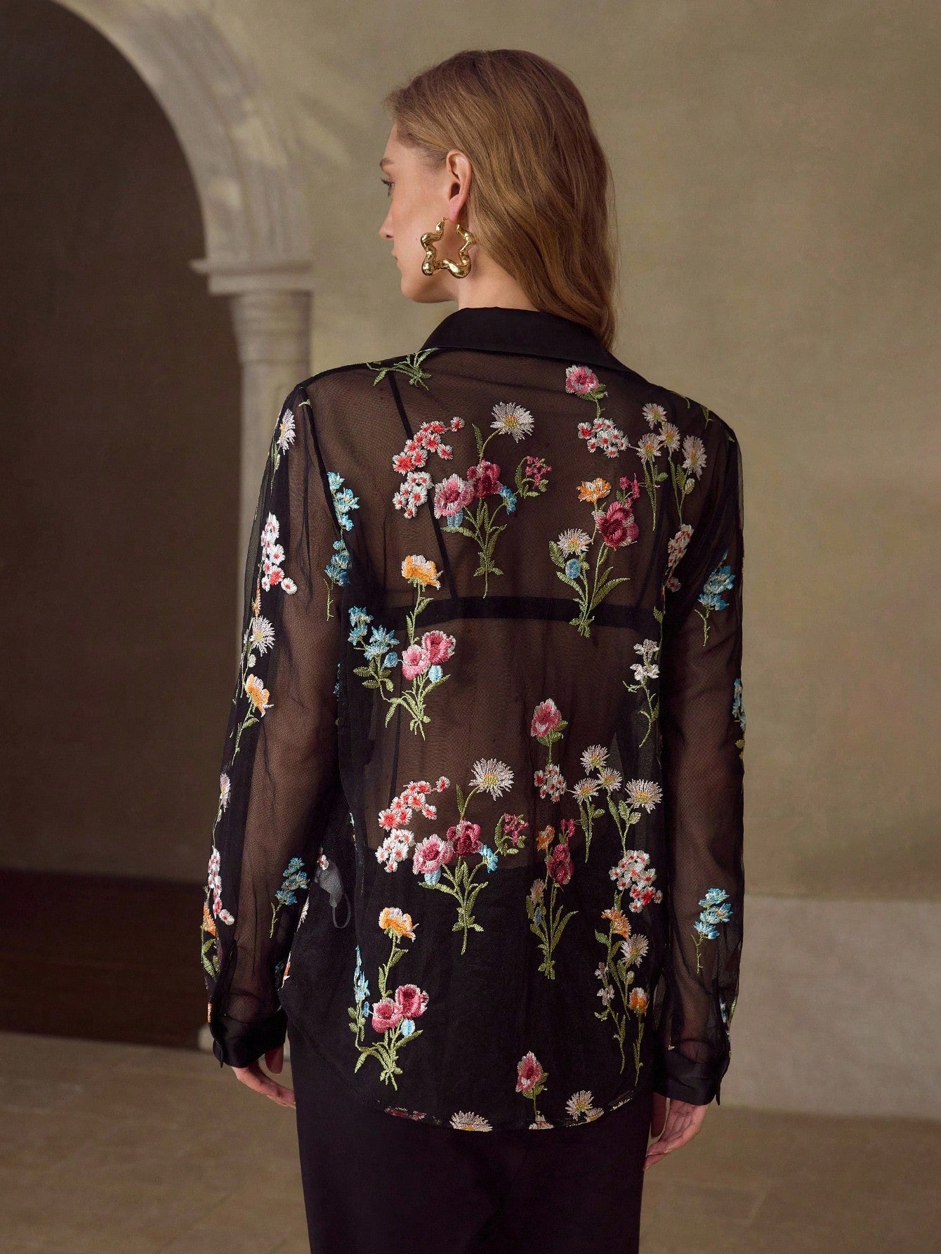 CM-TS715234 Women Elegant Seoul Style Collar Neckline Long Sleeve Embroidery Mesh Floral Pattern Sheer Blouse - Black