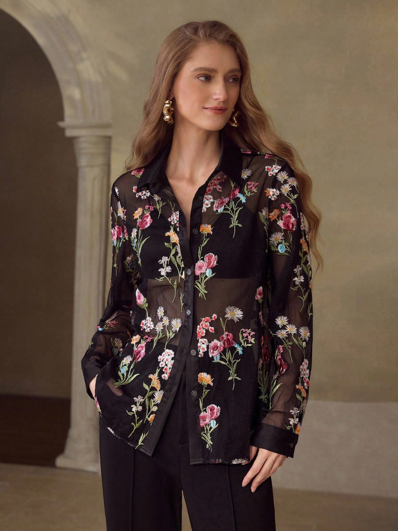 CM-TS715234 Women Elegant Seoul Style Collar Neckline Long Sleeve Embroidery Mesh Floral Pattern Sheer Blouse - Black