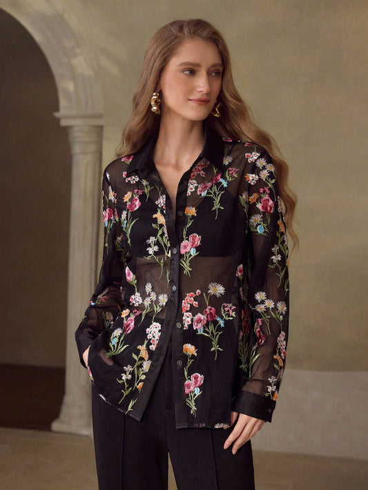 CM-TS715234 Women Elegant Seoul Style Collar Neckline Long Sleeve Embroidery Mesh Floral Pattern Sheer Blouse - Black