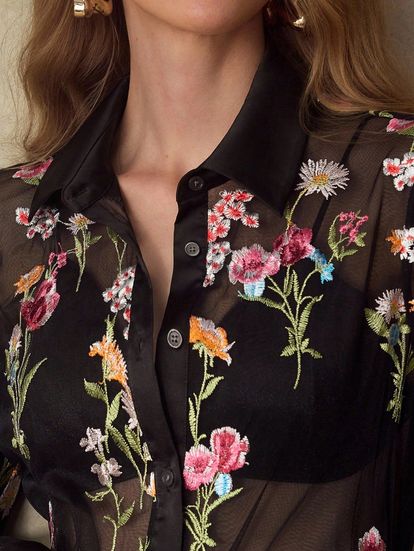 CM-TS715234 Women Elegant Seoul Style Collar Neckline Long Sleeve Embroidery Mesh Floral Pattern Sheer Blouse - Black