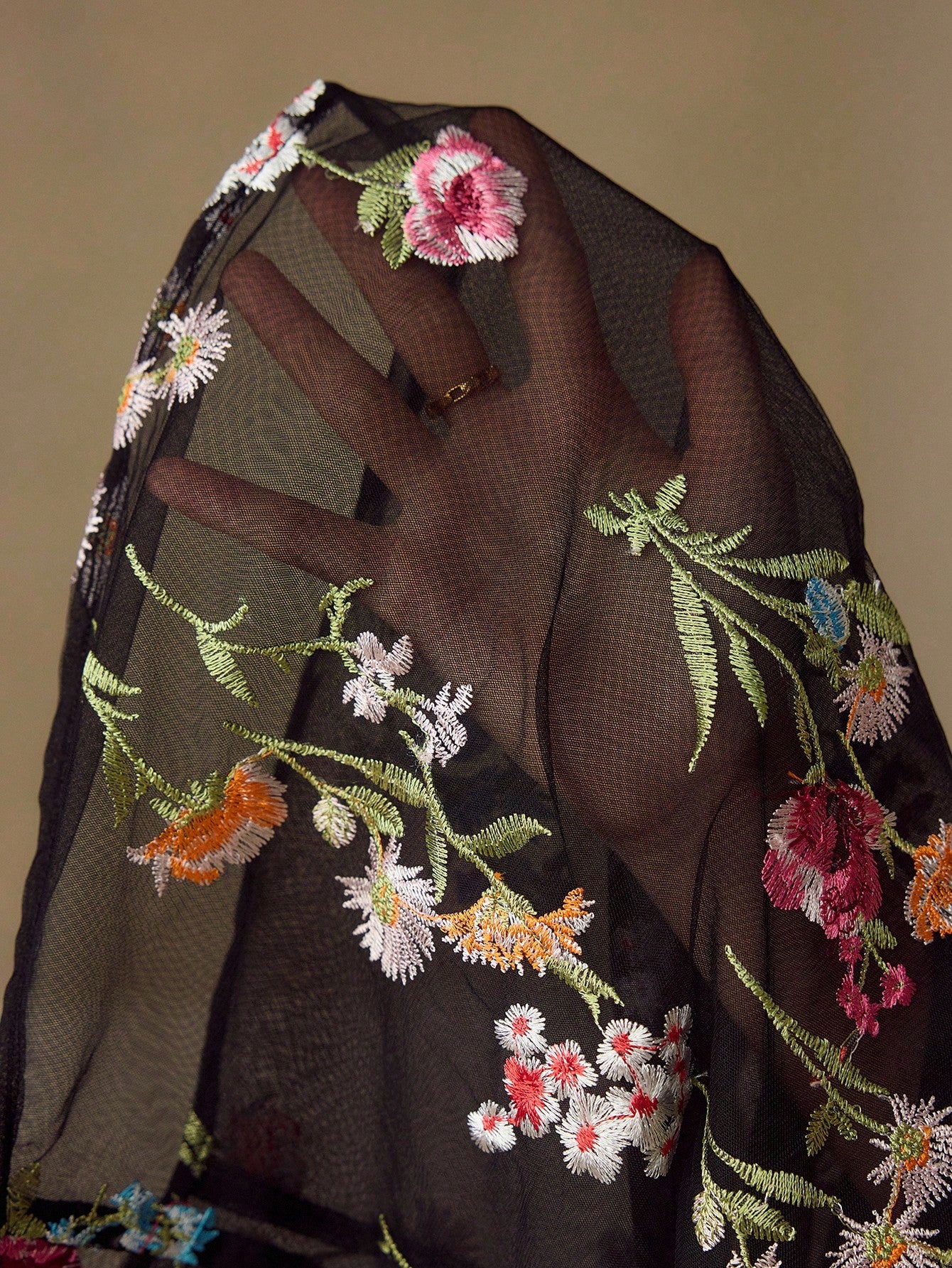 CM-TS715234 Women Elegant Seoul Style Collar Neckline Long Sleeve Embroidery Mesh Floral Pattern Sheer Blouse - Black