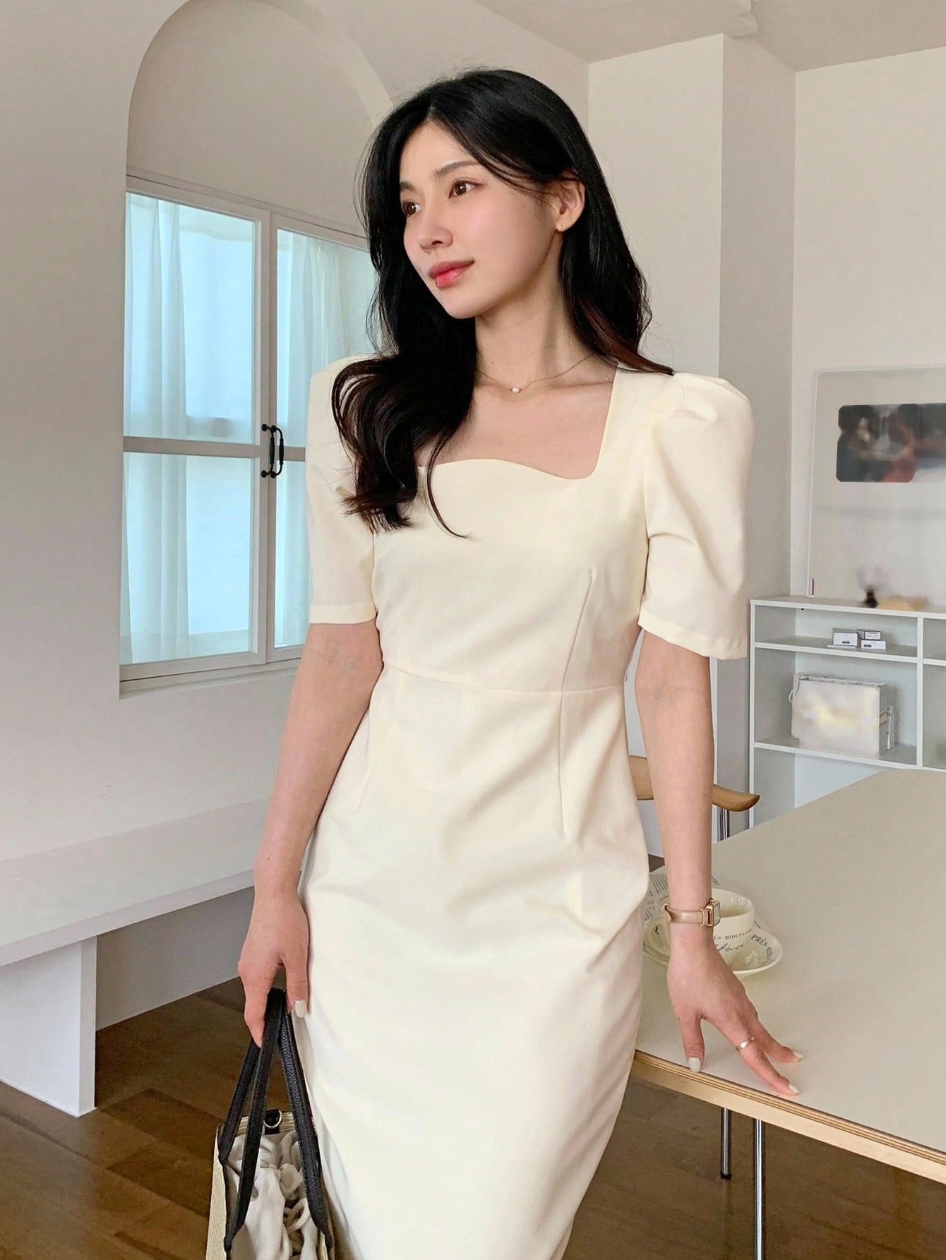 CM-DS675936 Women Casual Seoul Style Square Neck Cinched Waist Mid-Length Dress - Apricot