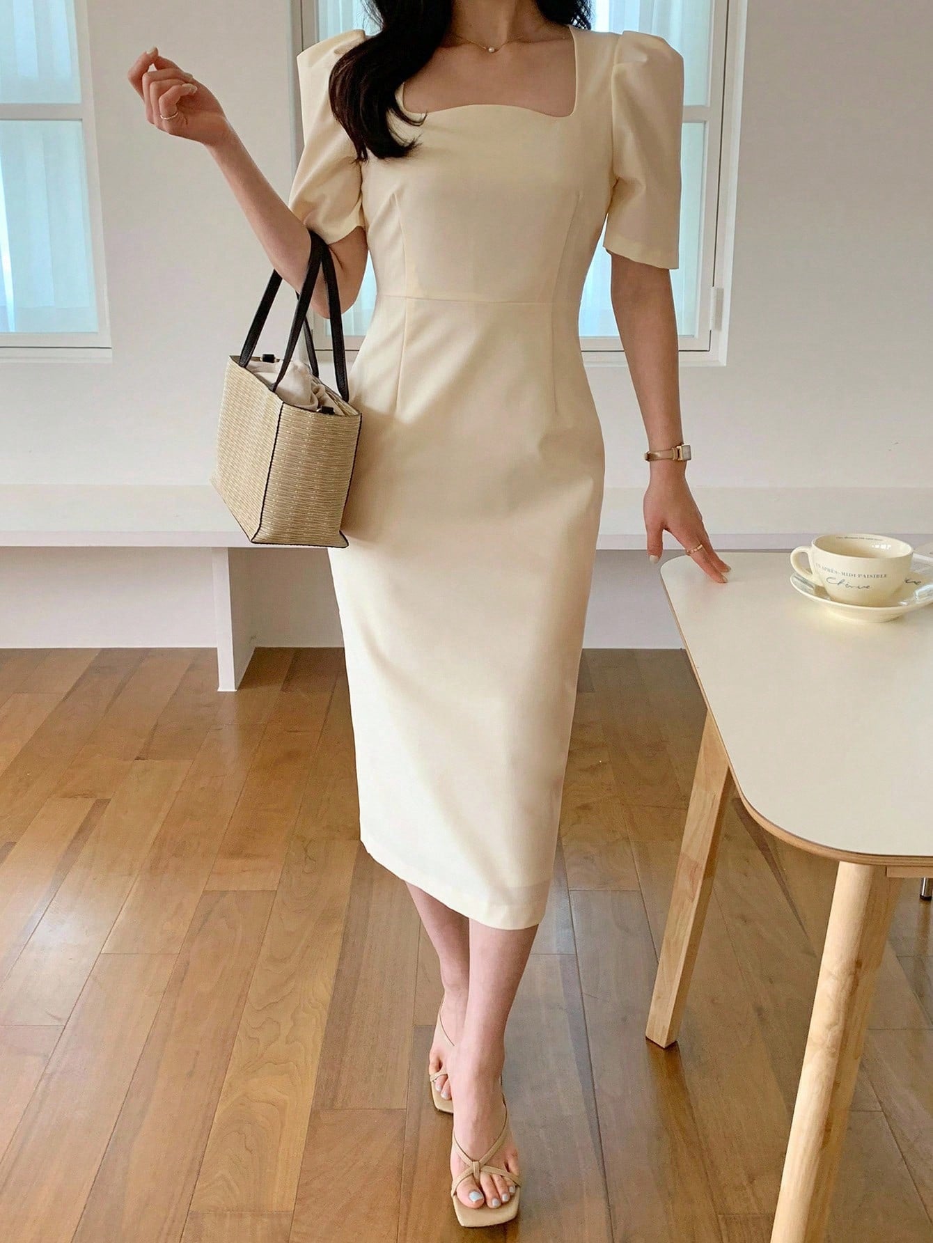 CM-DS675936 Women Casual Seoul Style Square Neck Cinched Waist Mid-Length Dress - Apricot