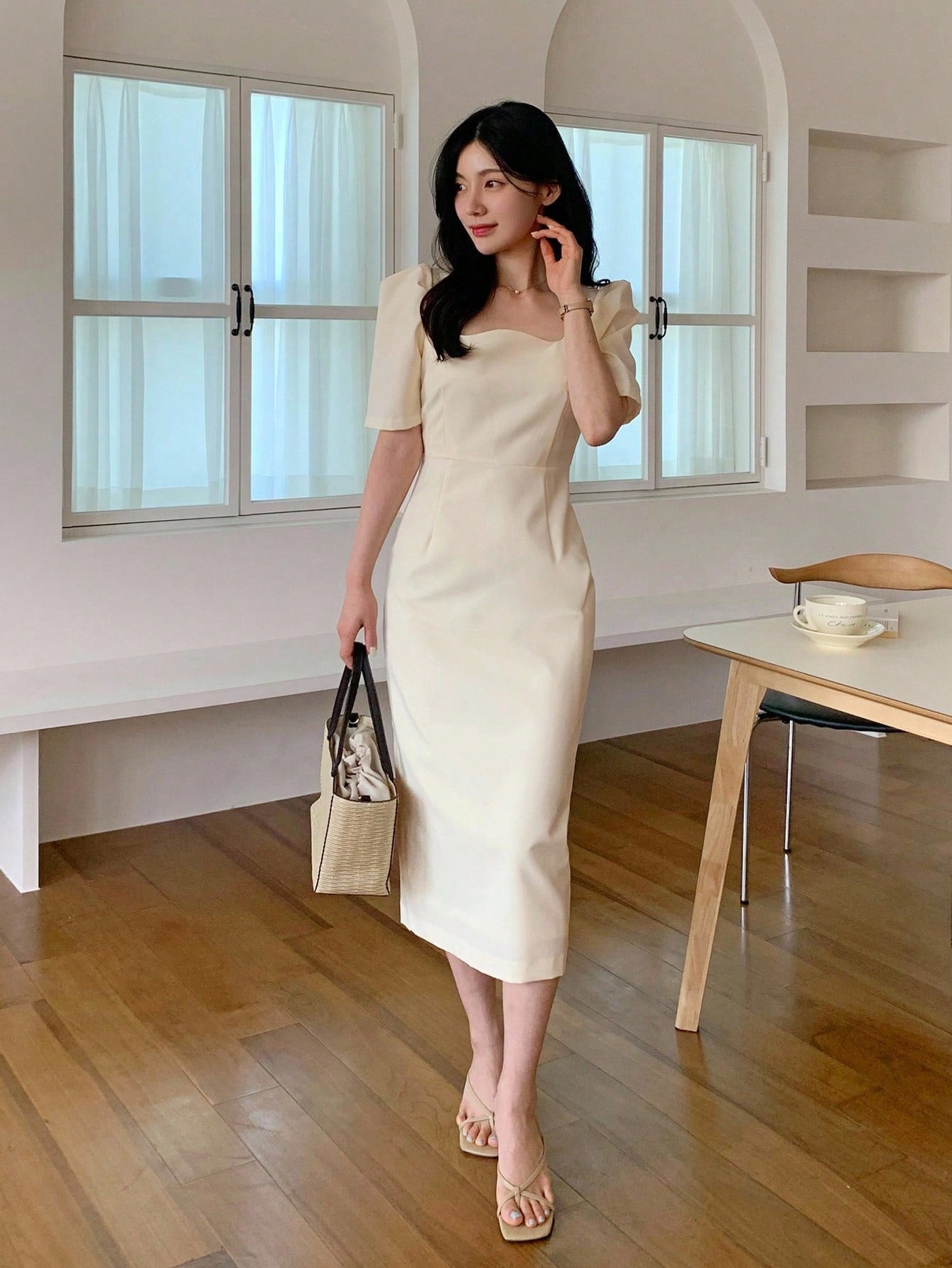 CM-DS675936 Women Casual Seoul Style Square Neck Cinched Waist Mid-Length Dress - Apricot