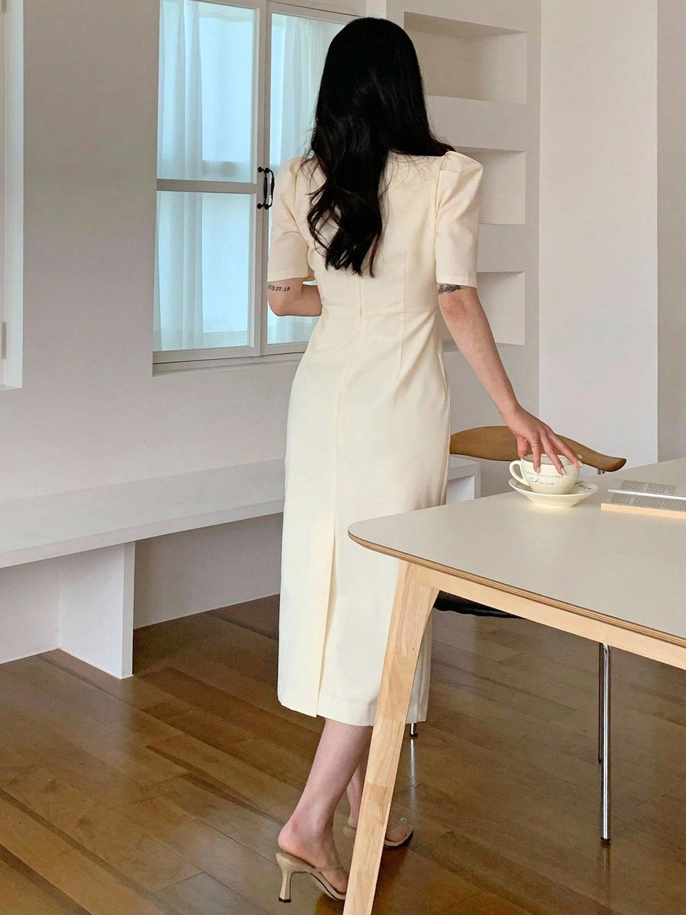 CM-DS675936 Women Casual Seoul Style Square Neck Cinched Waist Mid-Length Dress - Apricot