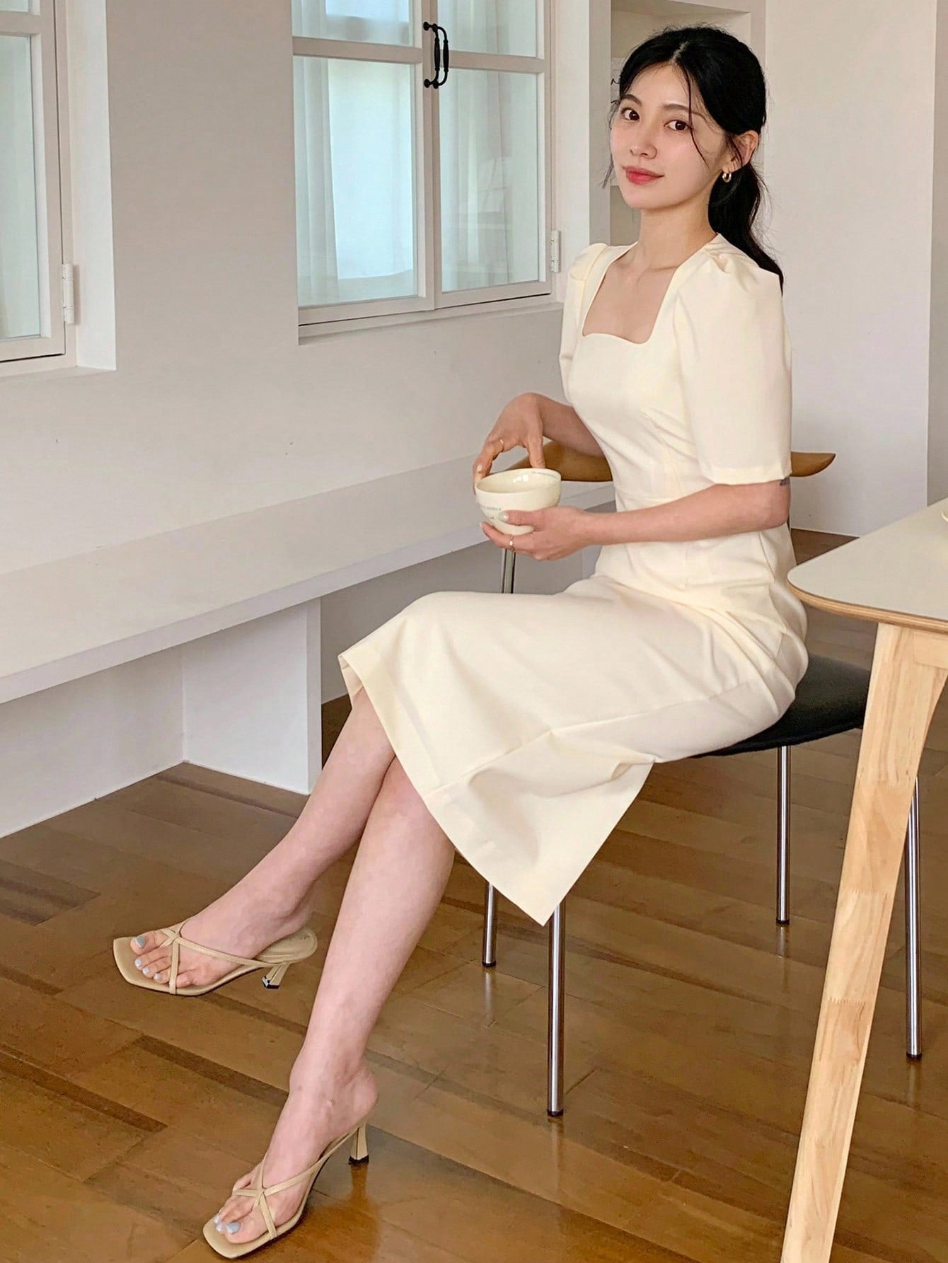 CM-DS675936 Women Casual Seoul Style Square Neck Cinched Waist Mid-Length Dress - Apricot