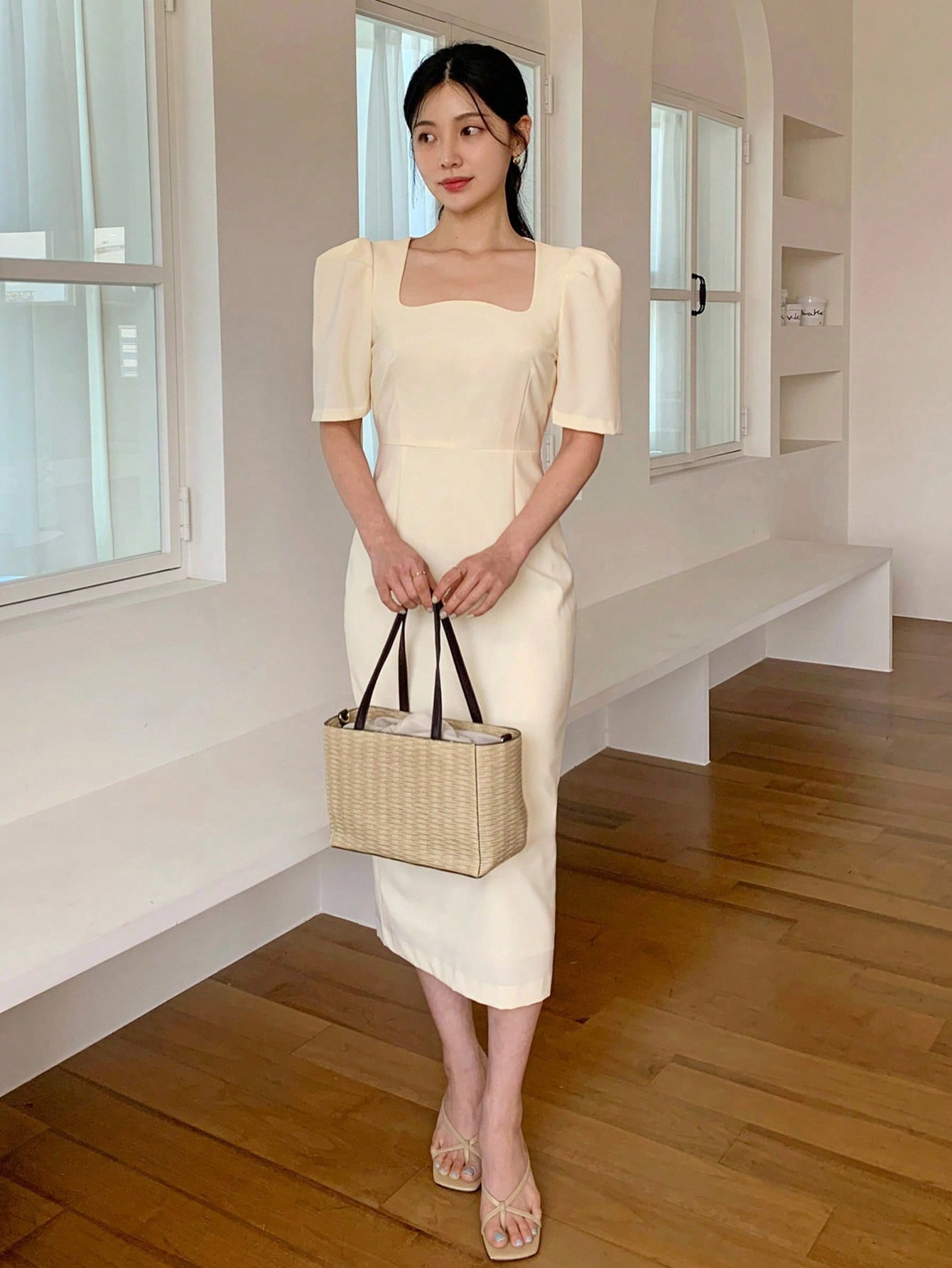 CM-DS675936 Women Casual Seoul Style Square Neck Cinched Waist Mid-Length Dress - Apricot